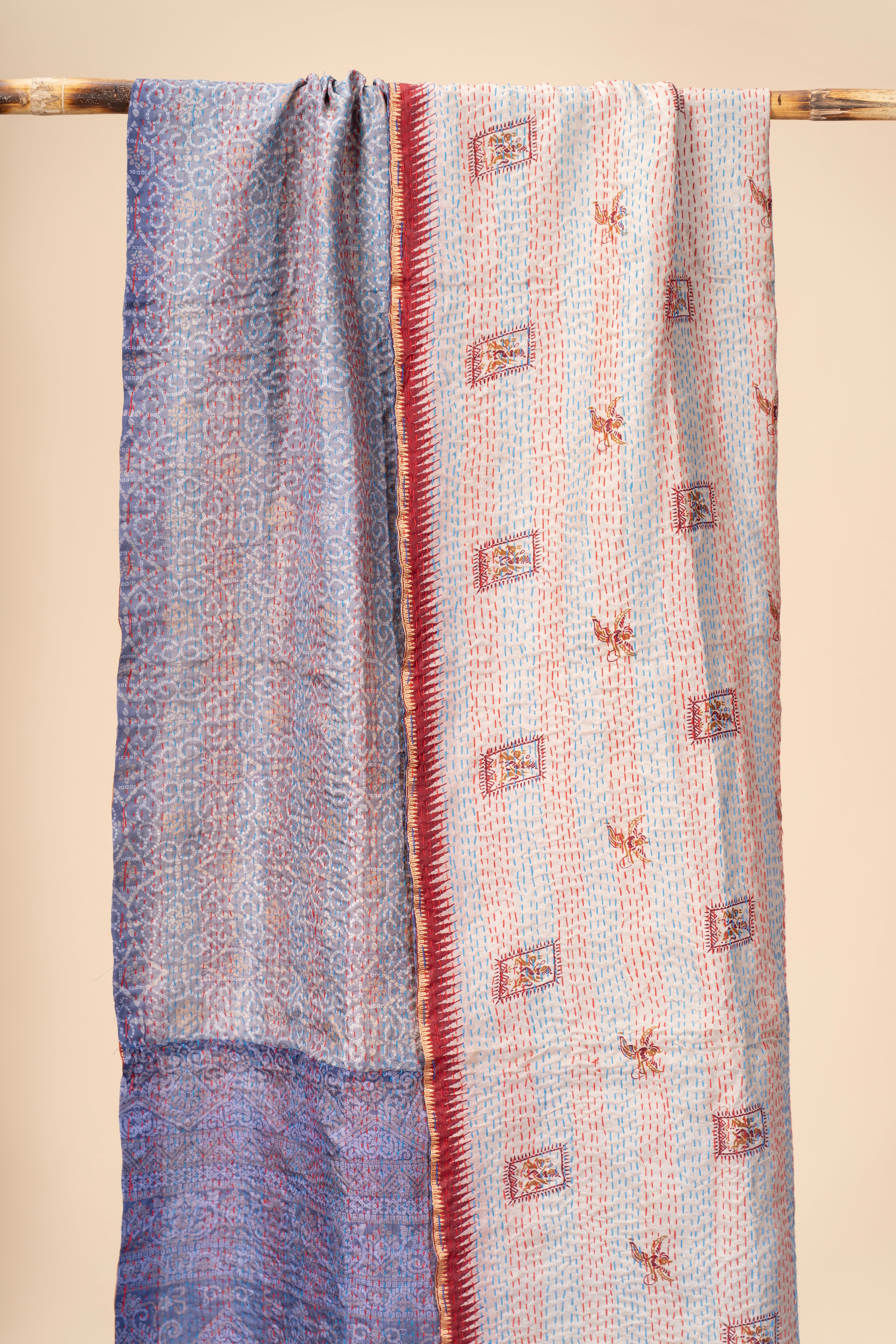 Up-cycled reversible silk Kantha Stitch Dupatta