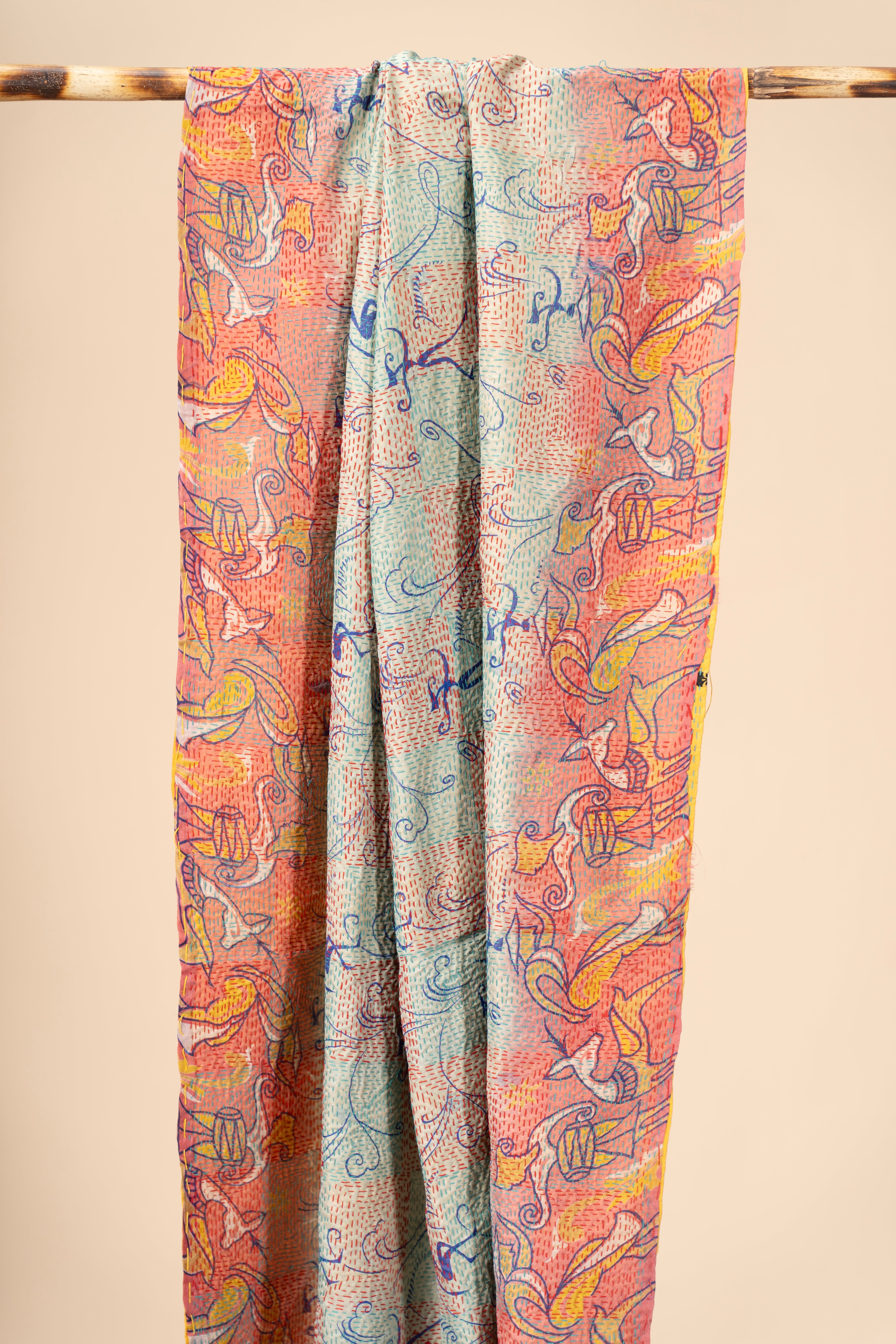 Up-cycled reversible silk Kantha Stitch Dupatta