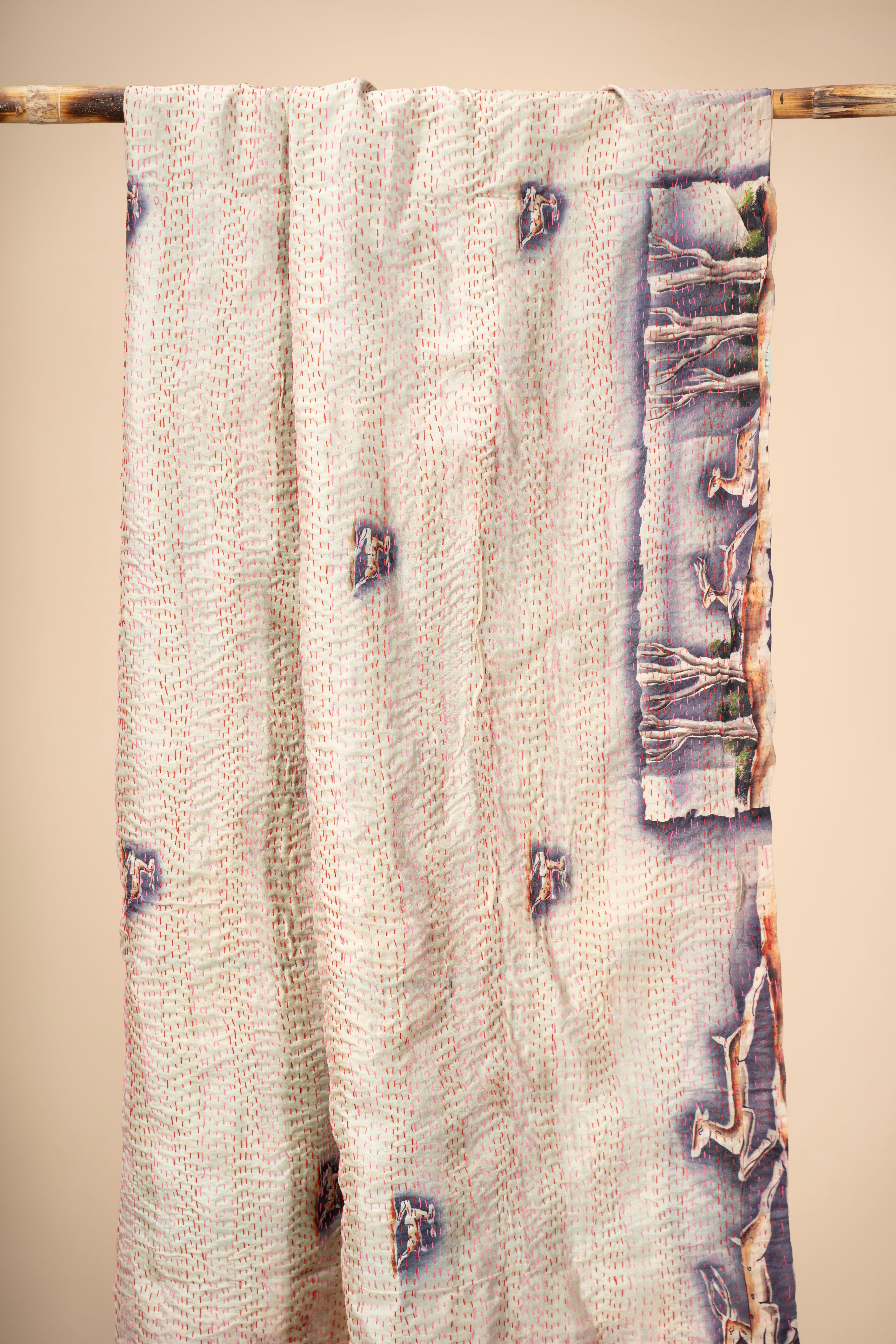 Up-cycled reversible silk Kantha Stitch Dupatta