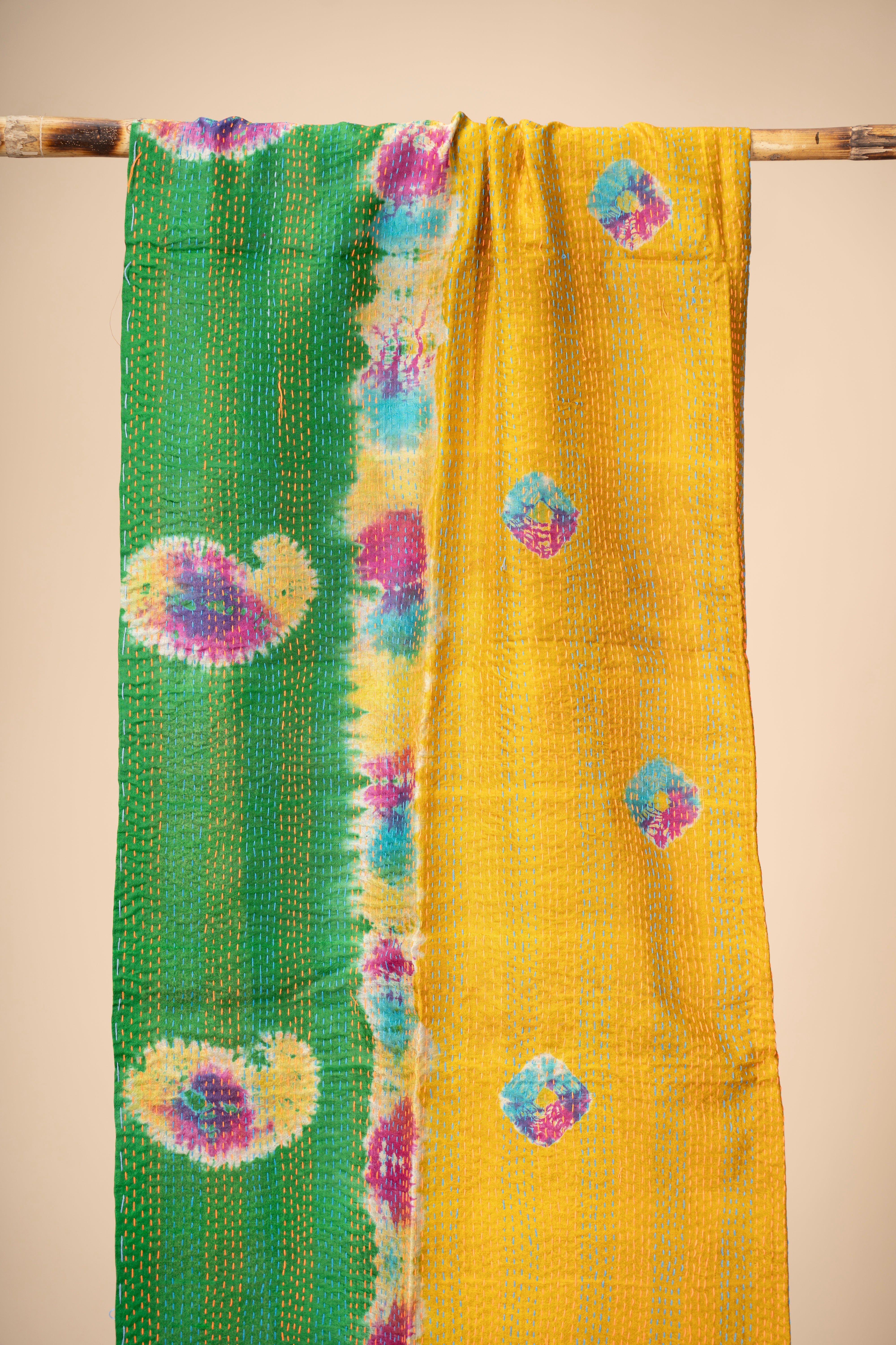 Up-cycled reversible silk Kantha Stitch Dupatta
