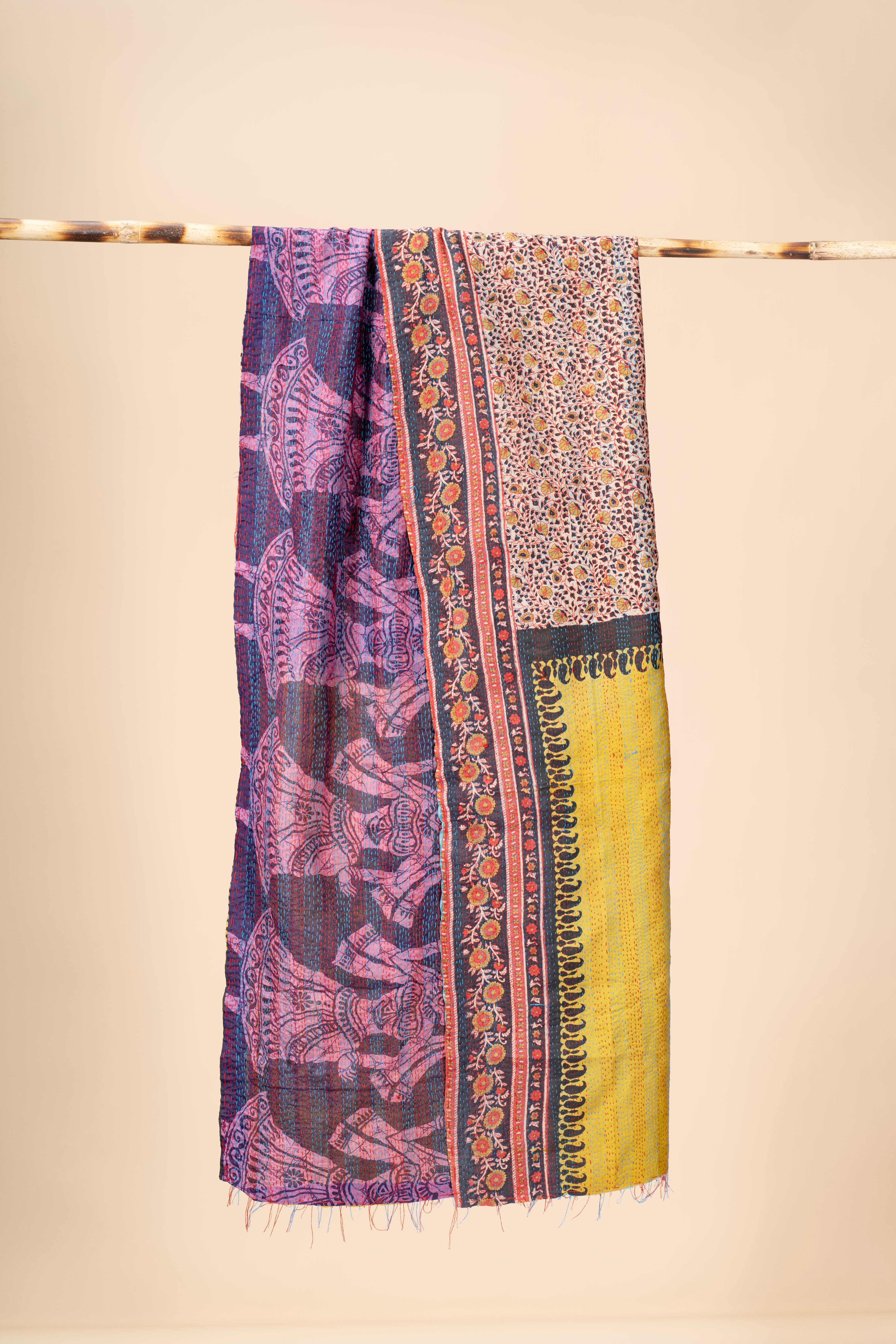 Up-cycled reversible silk Kantha Stitch Dupatta