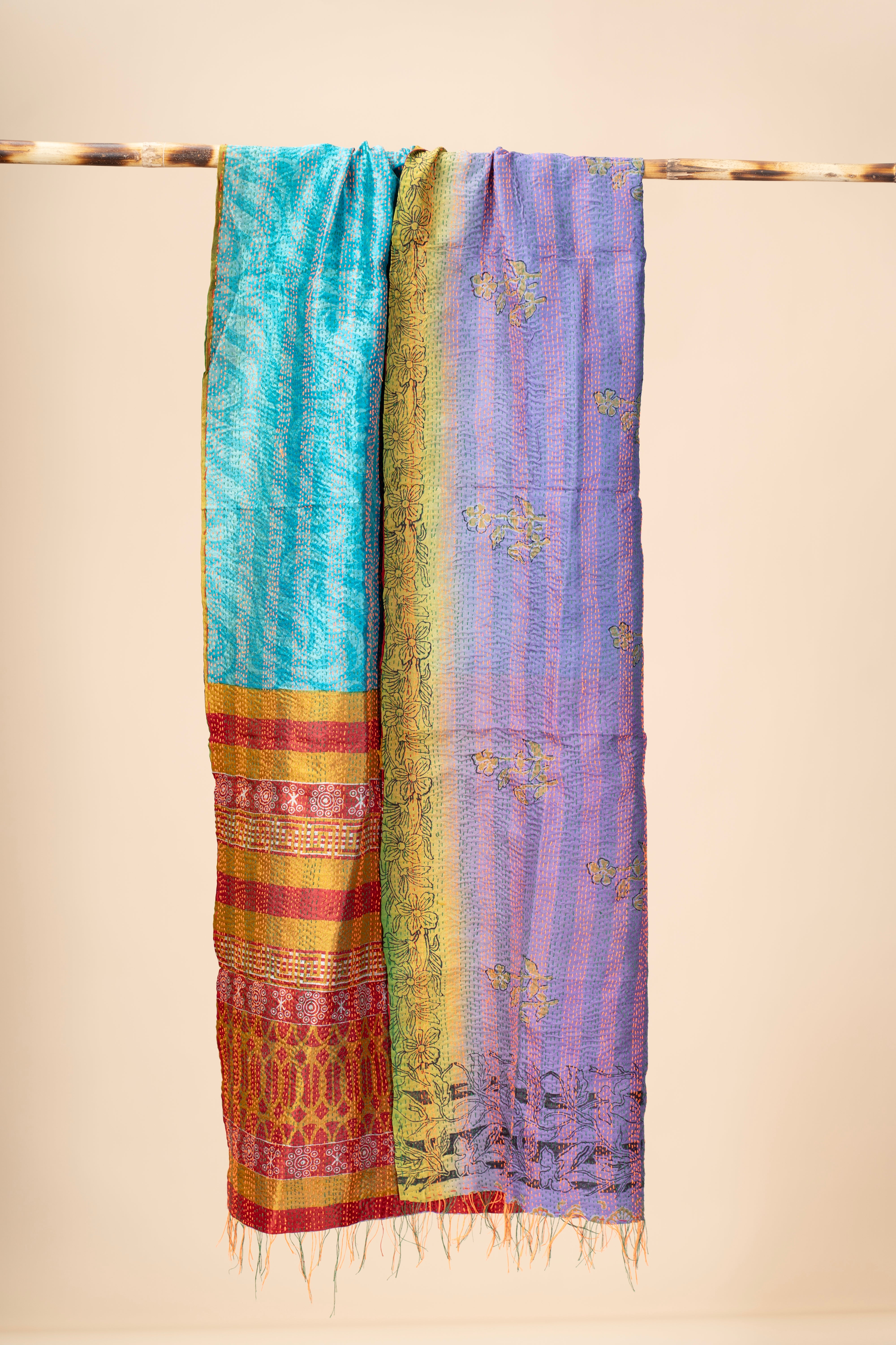 Up-cycled reversible silk Kantha Stitch Dupatta