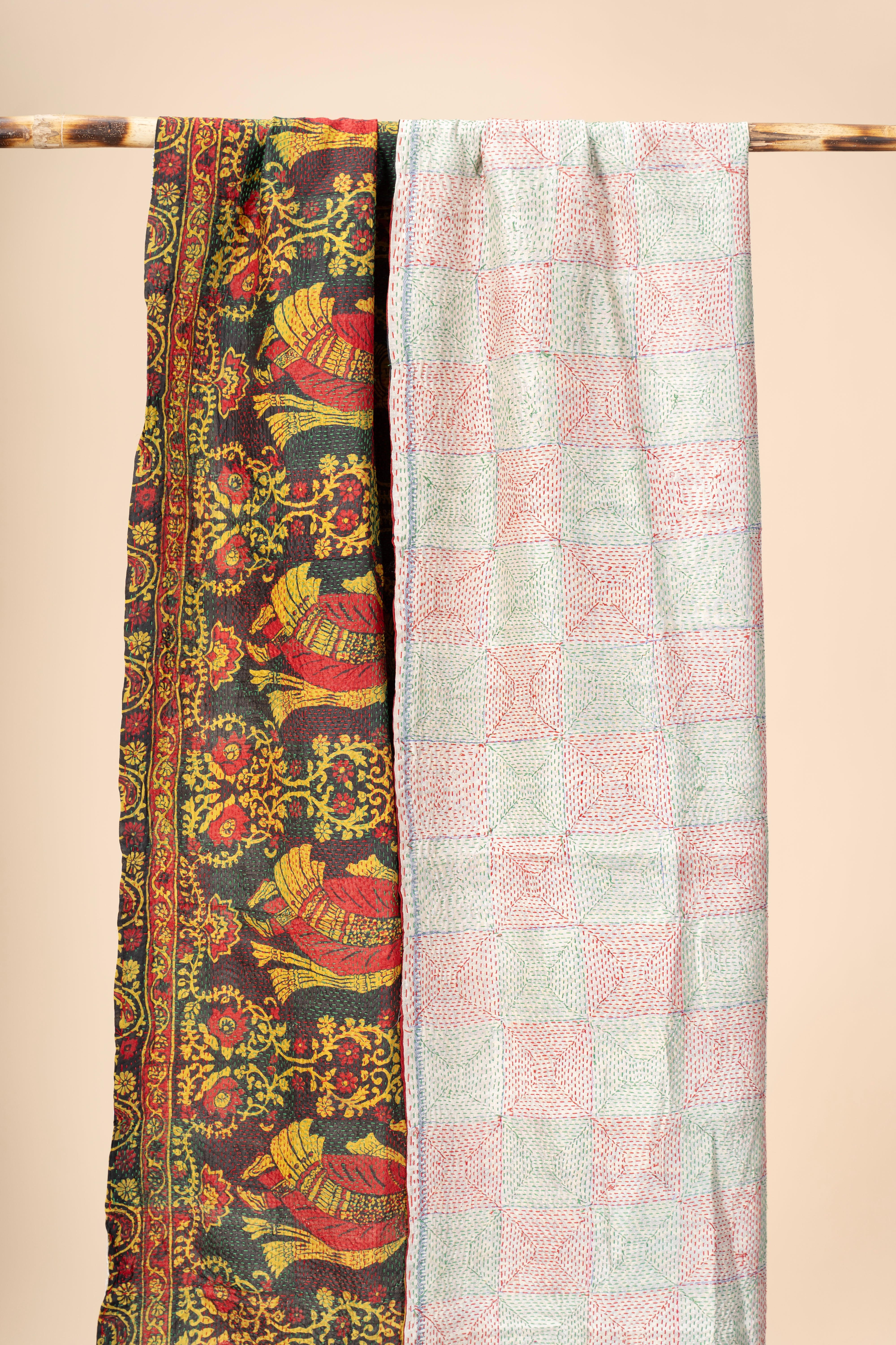 Up-cycled reversible silk Kantha Stitch Dupatta