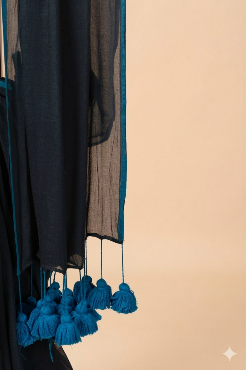 Mul cotton Saree With Hand Painted Border & Hand Tufted Pom Pom