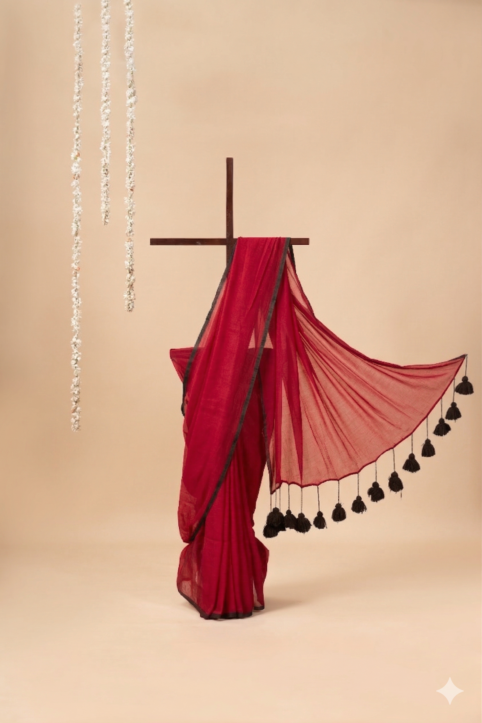 Mul cotton Saree With Hand Painted Border & Hand Tufted Pom Pom