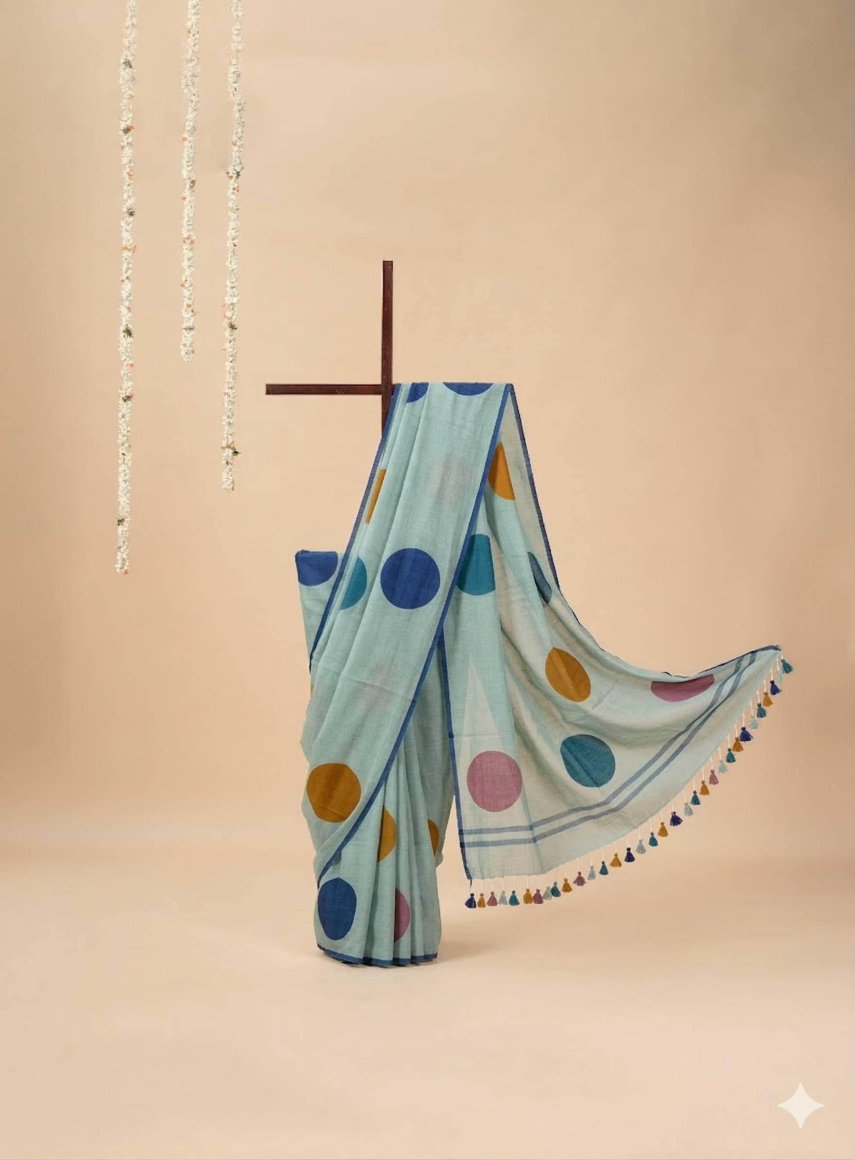 Mul cotton saree with handpainted border with polka dots