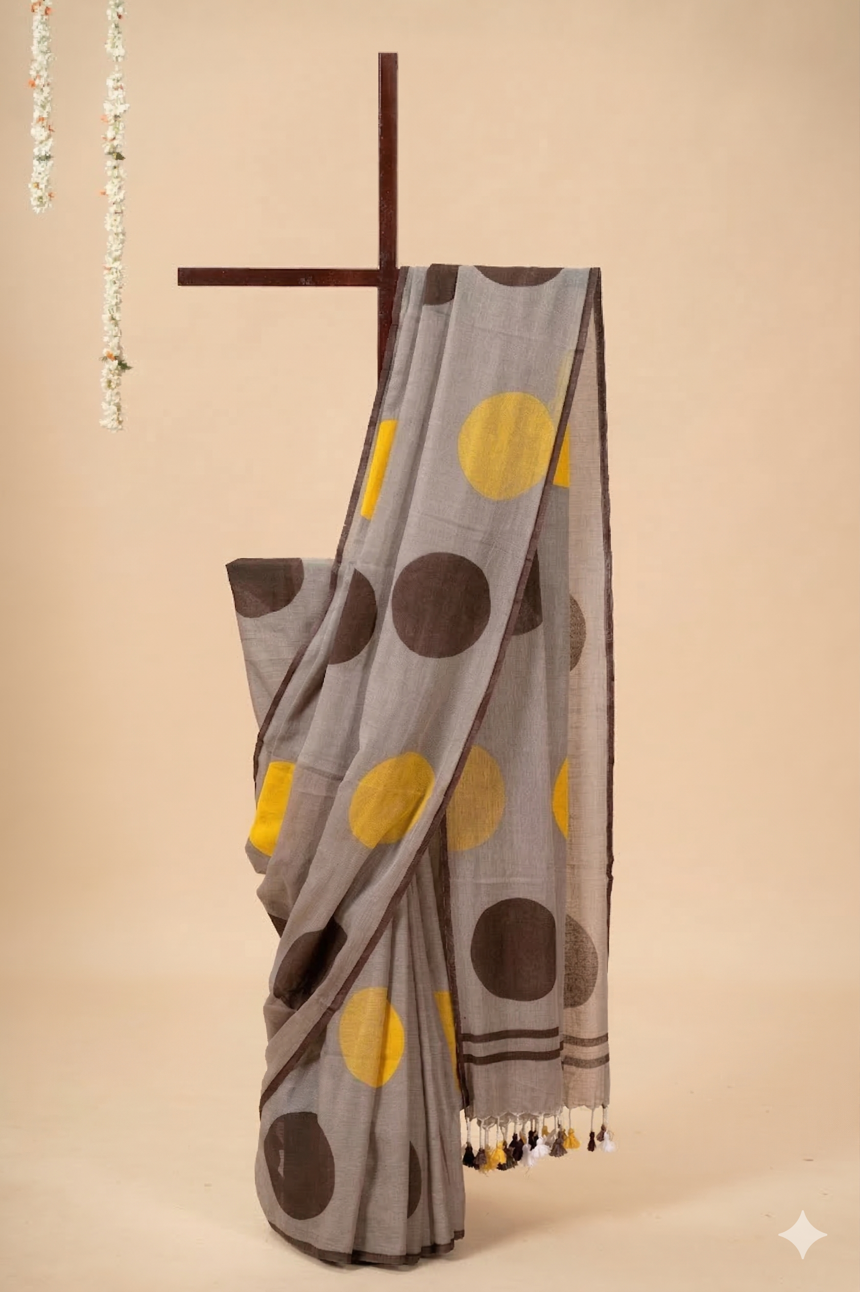 Mul cotton saree with handpainted border with polka dots