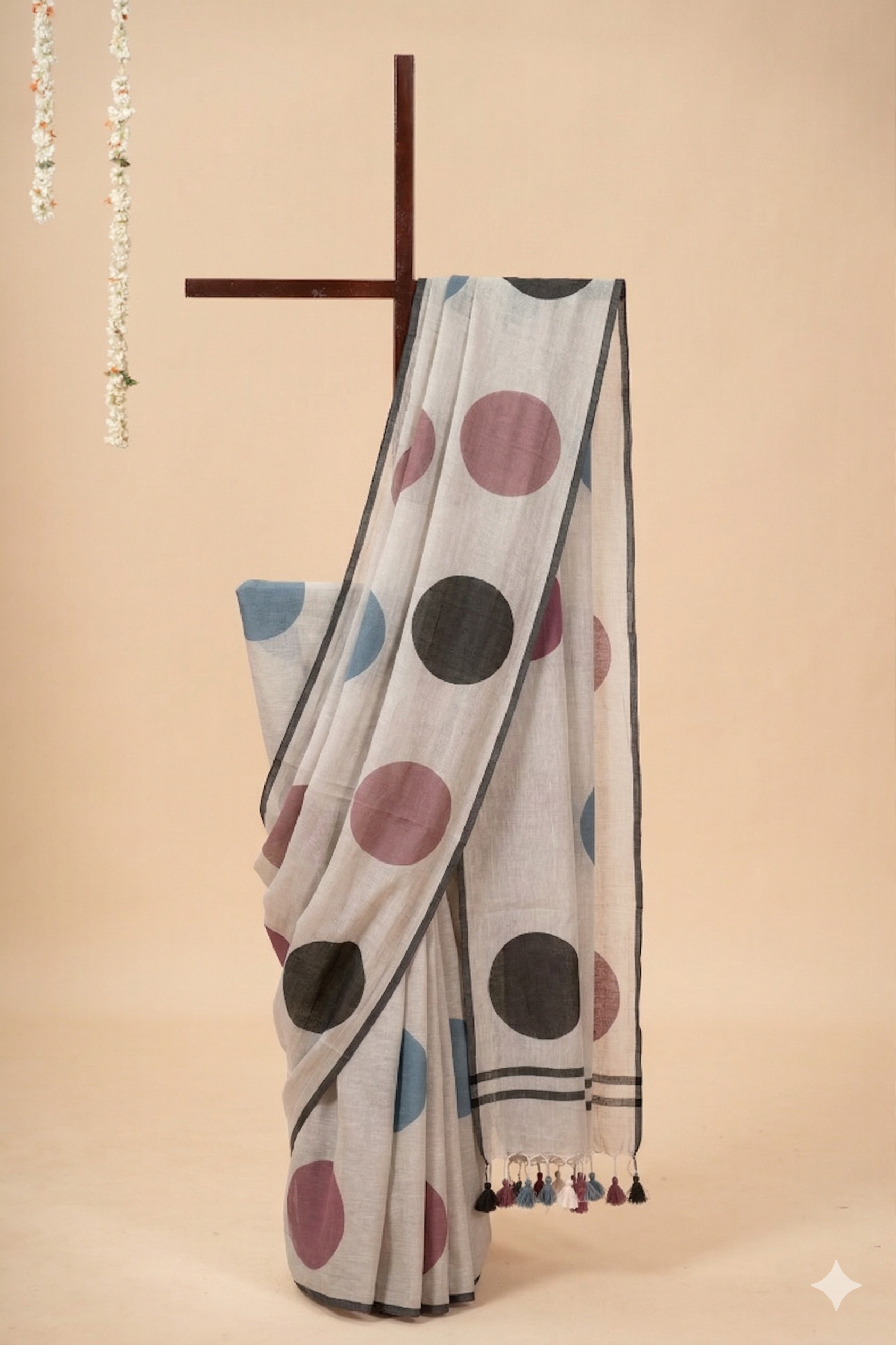 Mul cotton saree with handpainted border with polka dots