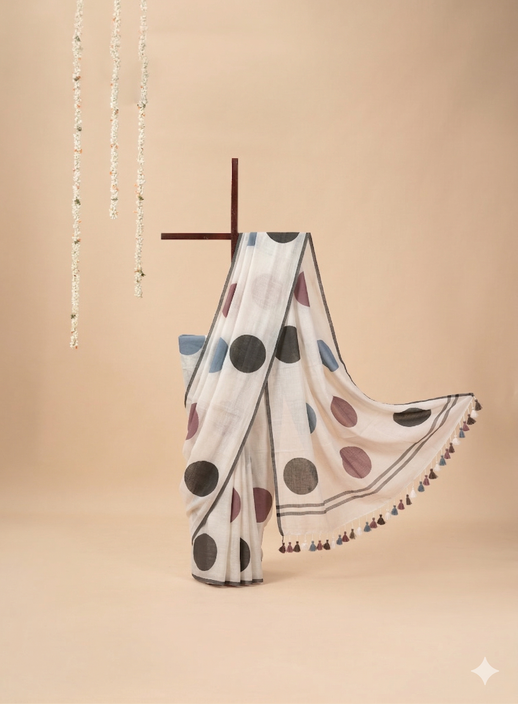 Mul cotton saree with handpainted border with polka dots
