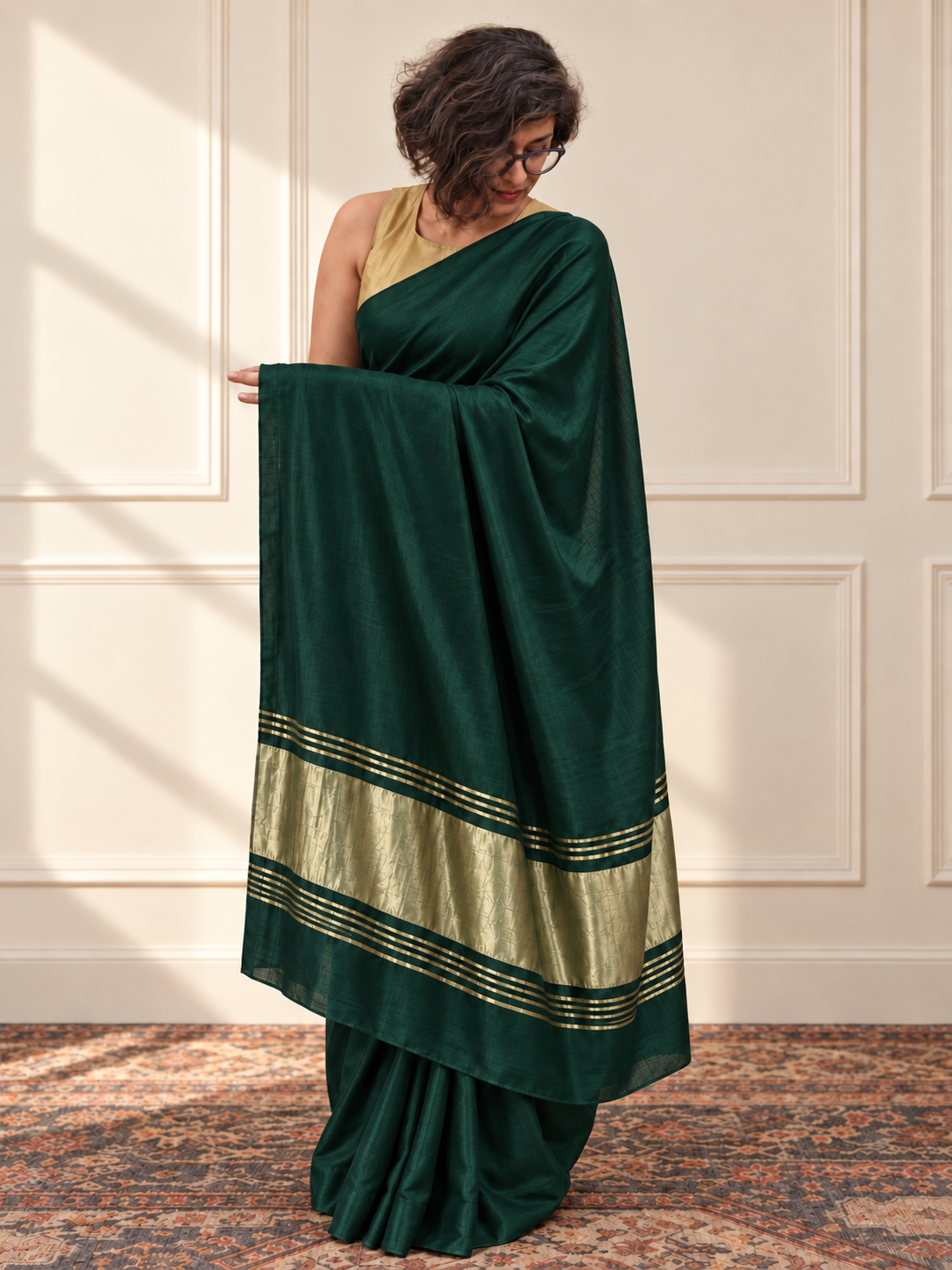 Emerald Green Modal Silk Saree with Golden Zari Pallu