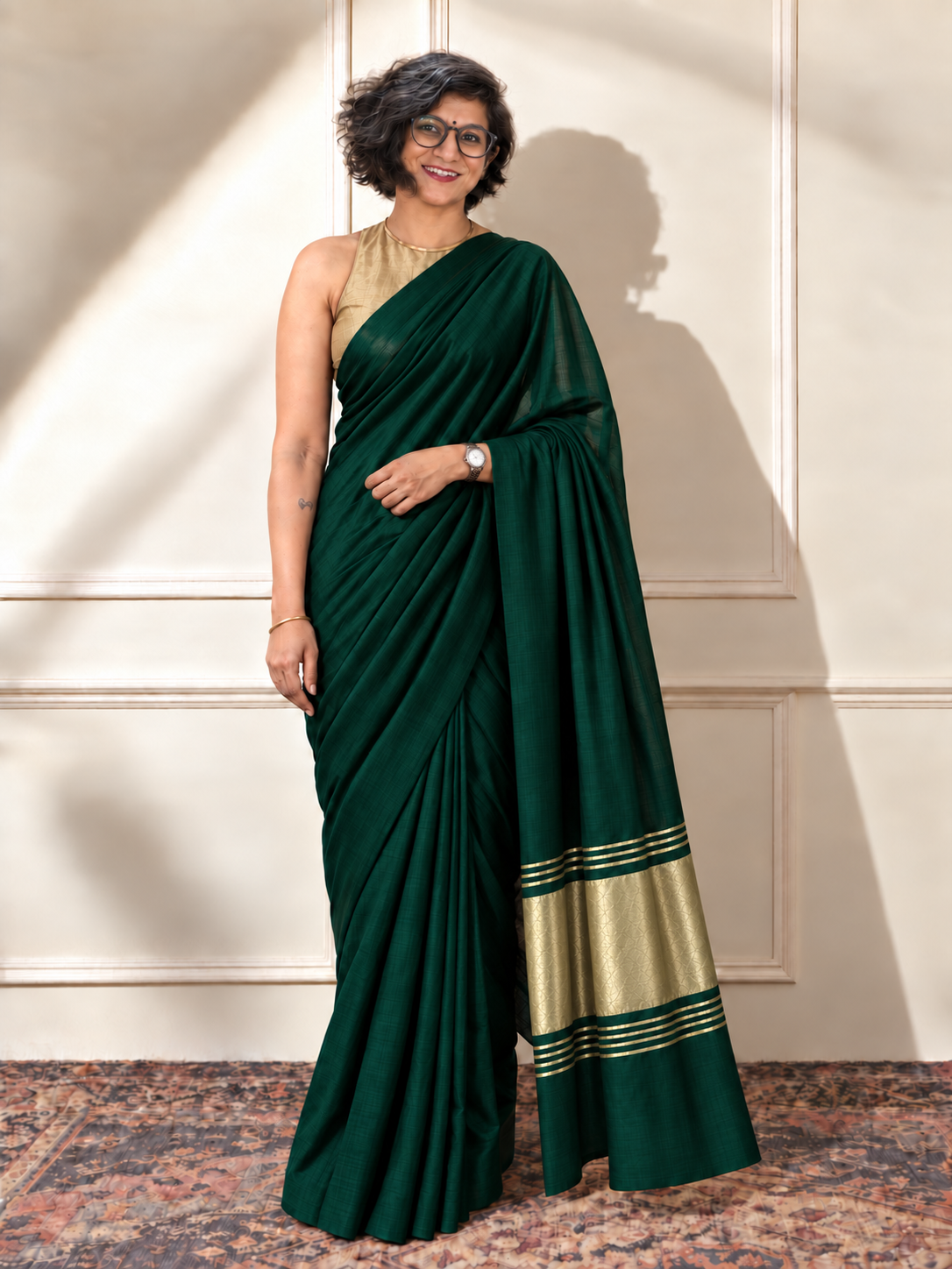 Emerald Green Modal Silk Saree with Golden Zari Pallu
