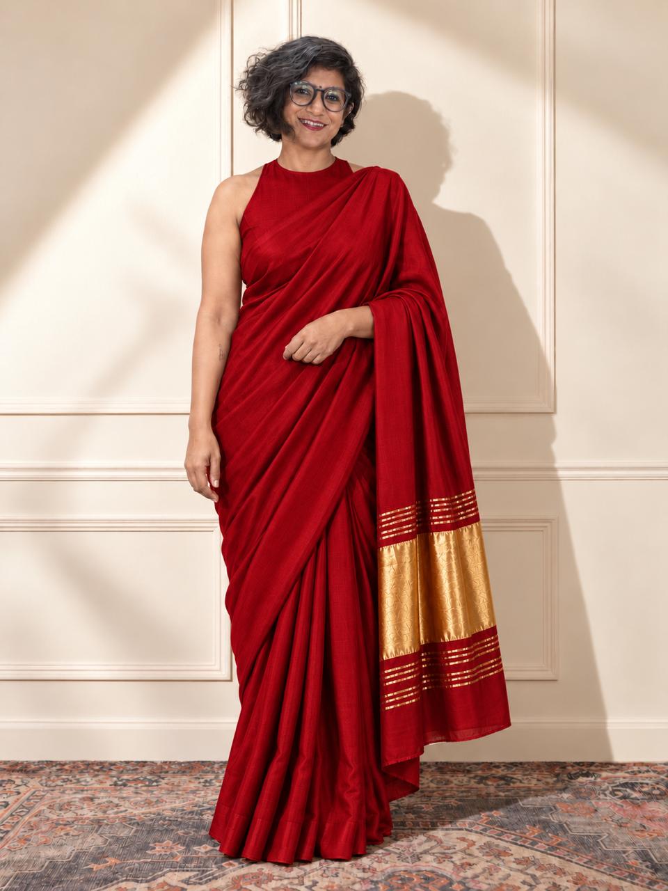 Red Modal Silk Saree with Golden Zari Pallu