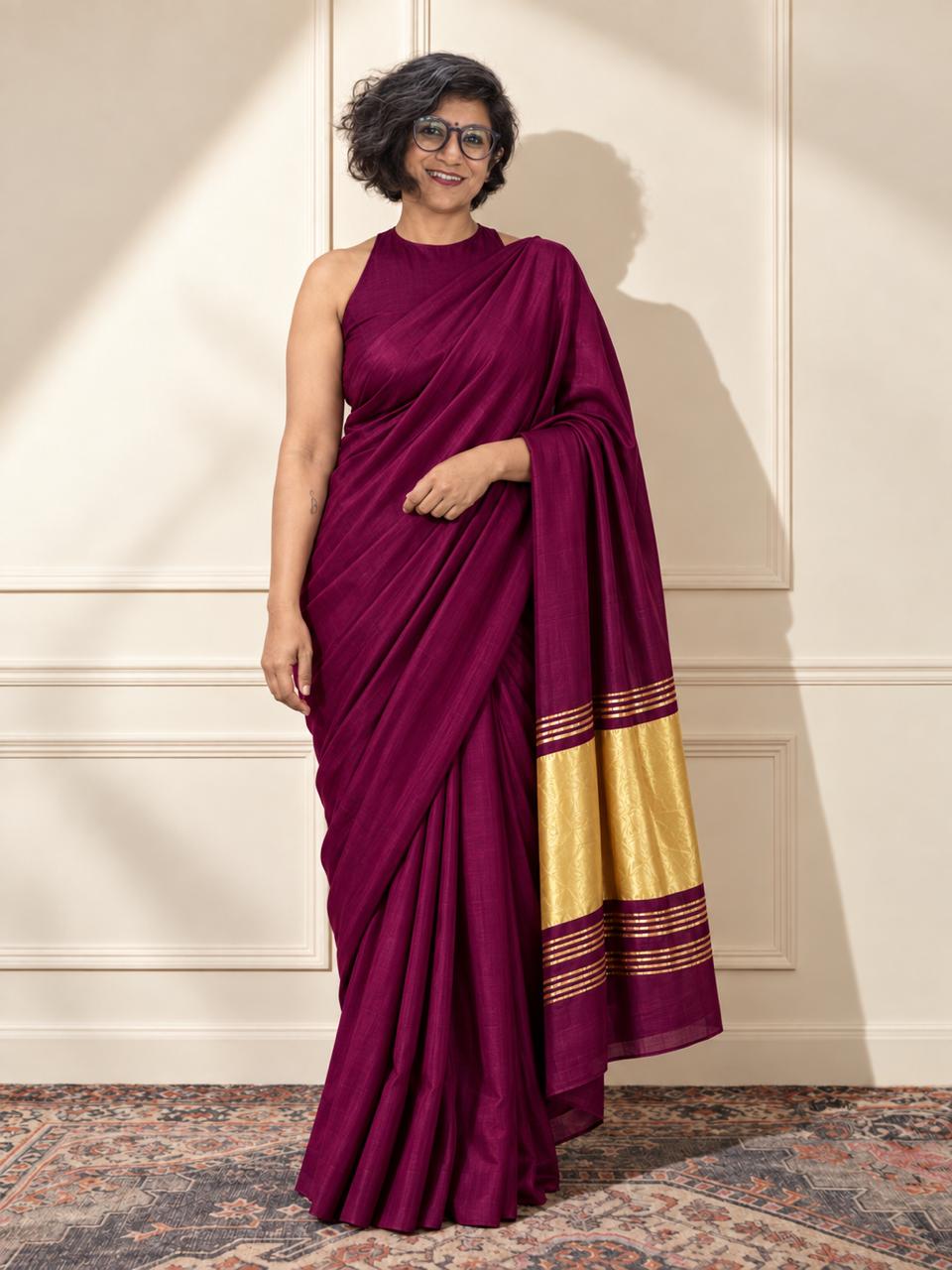 Dark Maroon Pink  Modal Silk Saree with Golden Zari Pallu