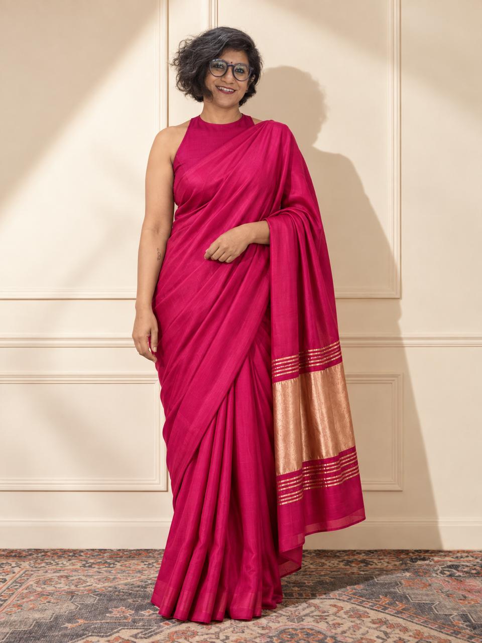 Fuchsia Pink Modal Silk Saree with Golden Zari Pallu