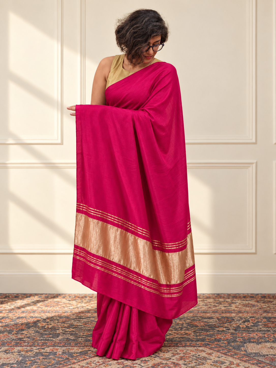 Fuchsia Pink Modal Silk Saree with Golden Zari Pallu