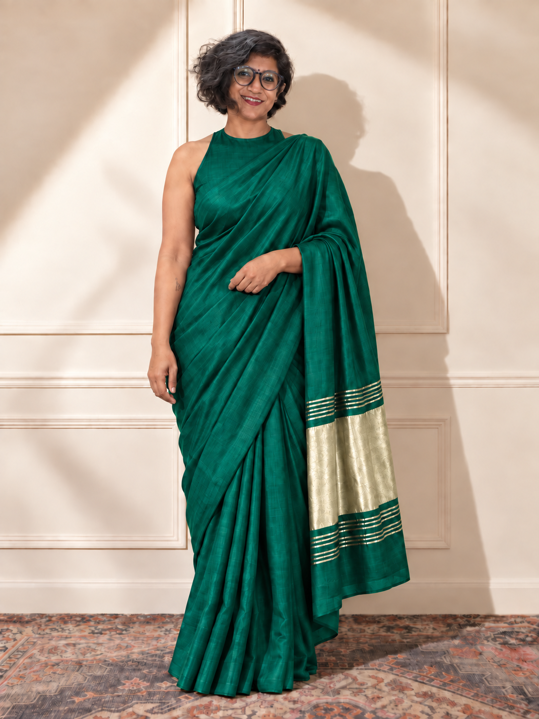 Rama Green Modal Silk Saree with Golden Zari Pallu