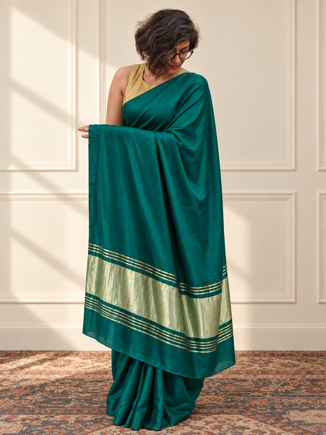 Rama Green Modal Silk Saree with Golden Zari Pallu