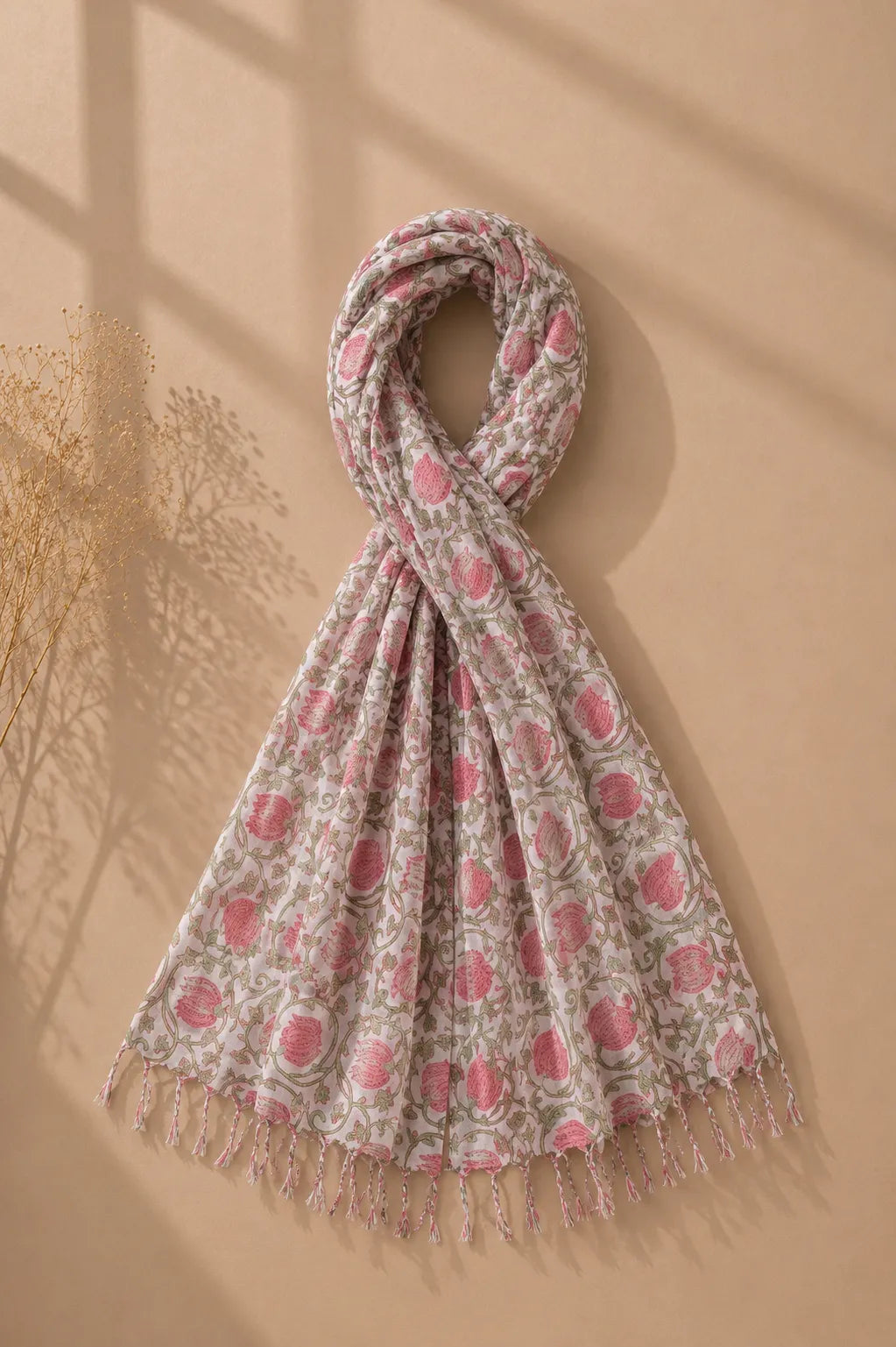 Pink Flower Block printed mulcotton stoles Cotton Stole