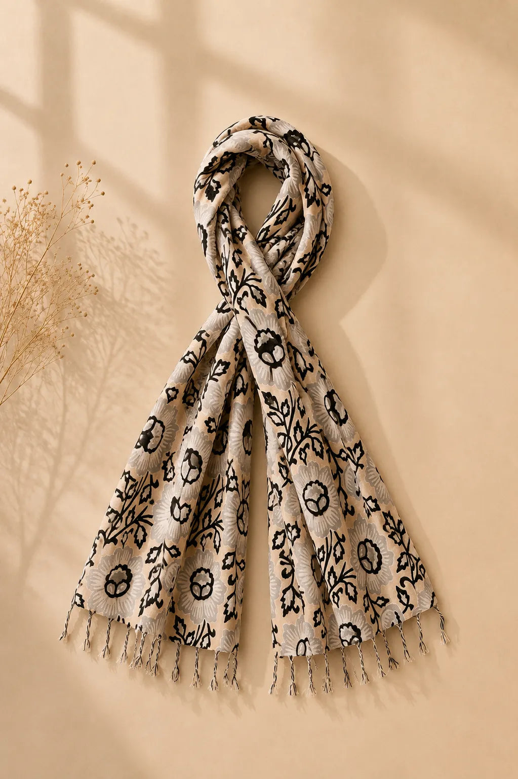 Biege and Black pattern HandBlock printed mulcotton stoles Cotton Stole