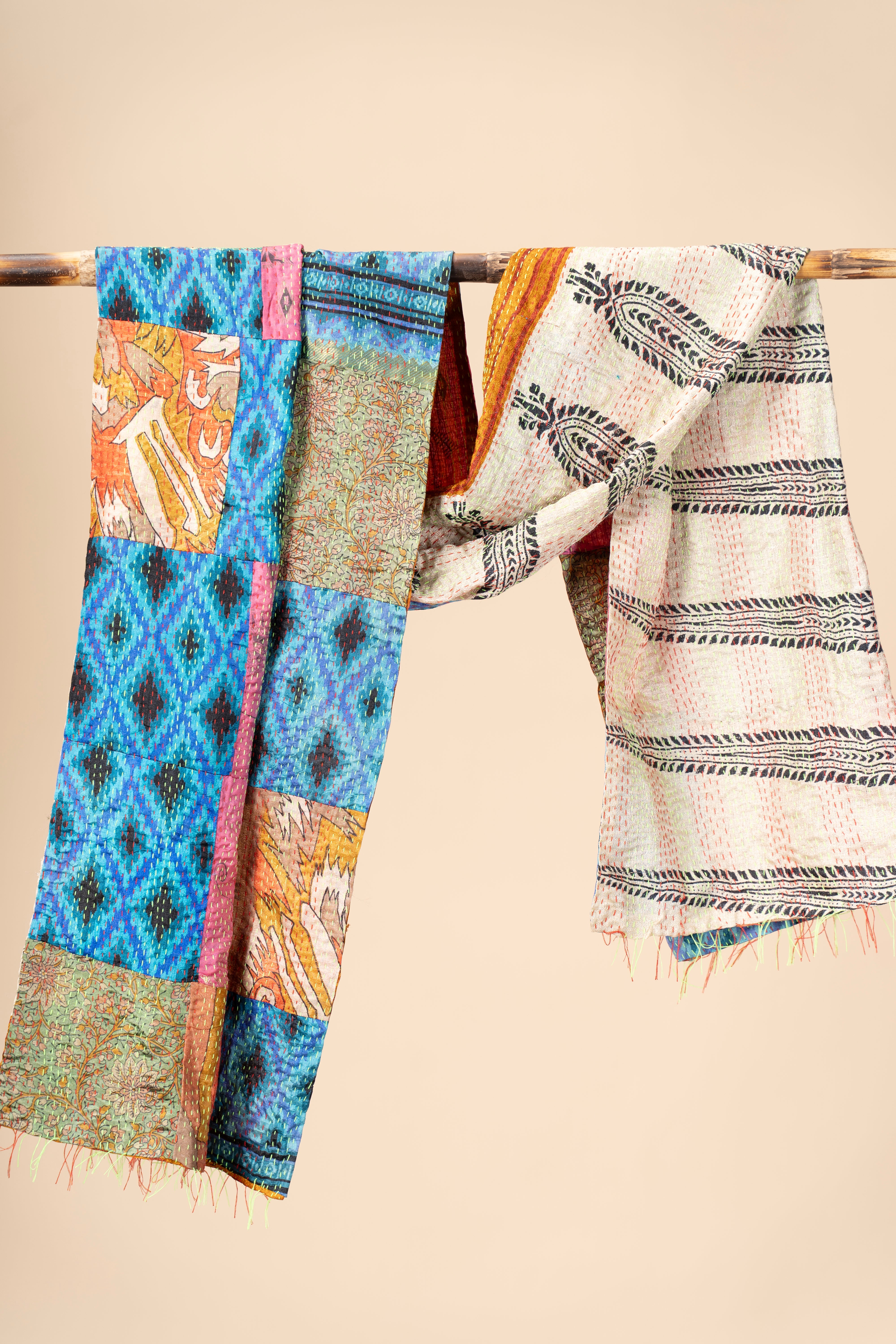 Multicoloured Reversible Patchwork Silk Stole