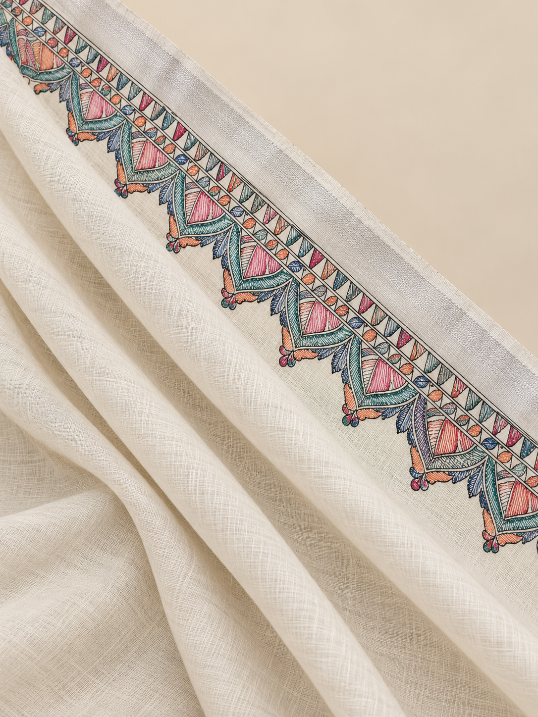 White Handpainted Madhubani on Linen