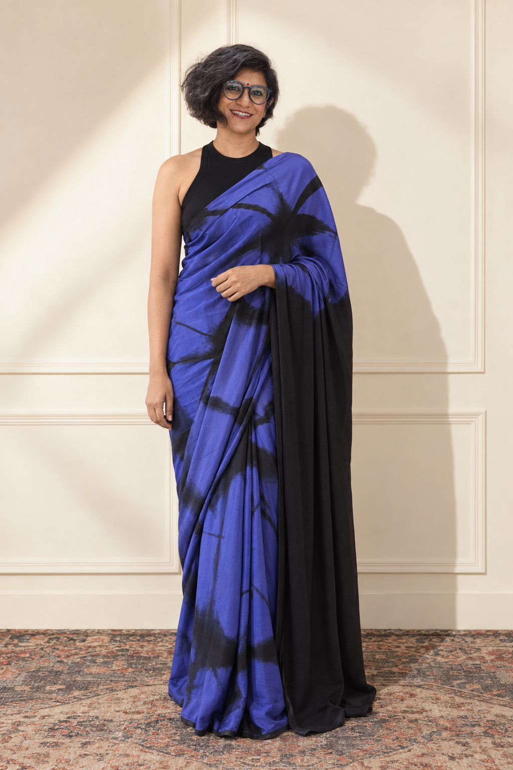 purplish blue and black modal Silk with Shibori