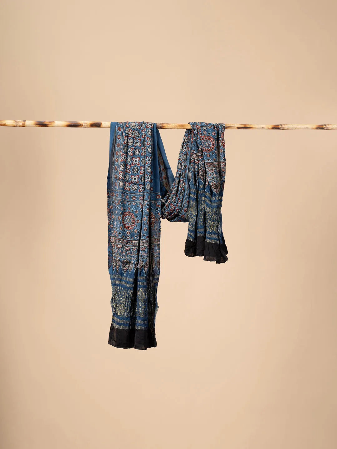 Blue Ajrakh block Print Modal Silk Dupatta With Lagdi Patta - view 2