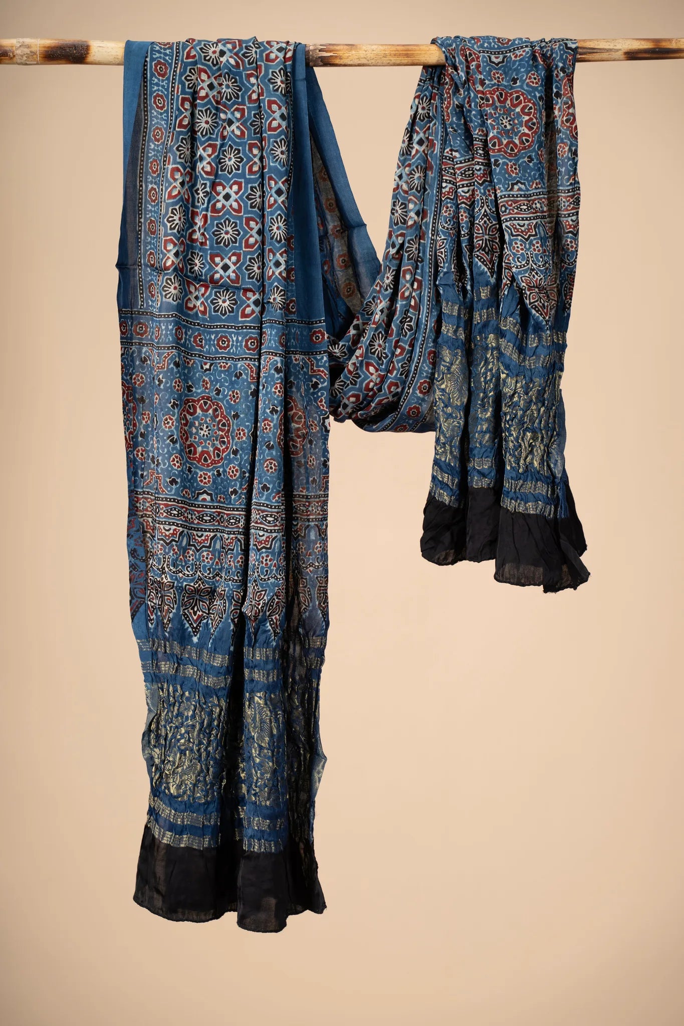 Blue Ajrakh block Print Modal Silk Dupatta With Lagdi Patta