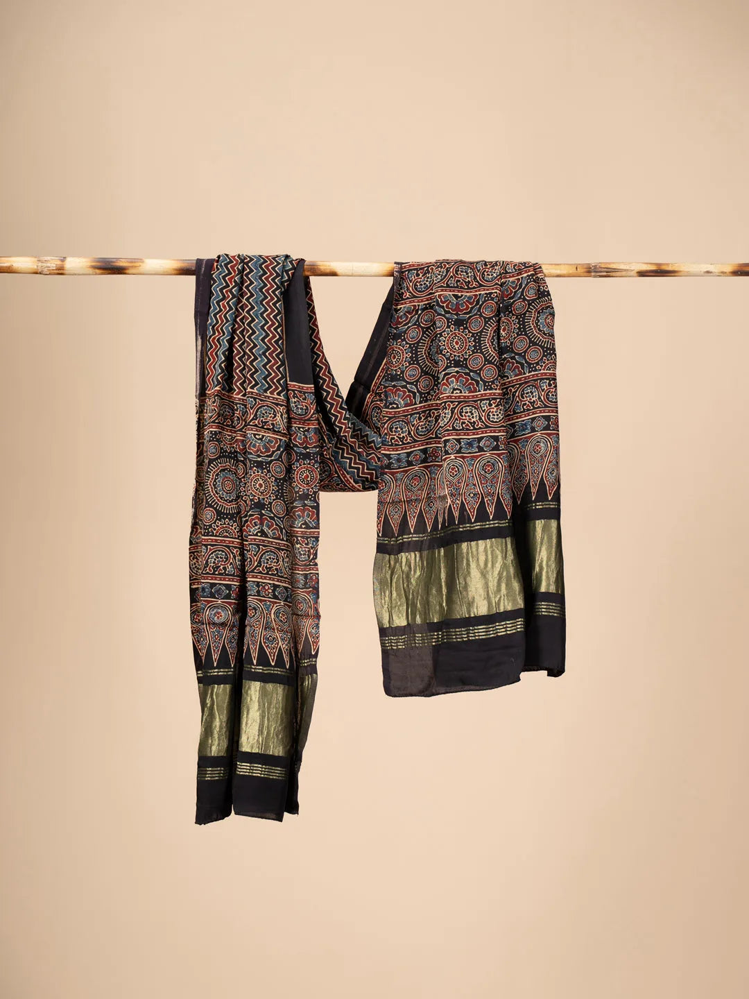 Black Ajrakh block Print Modal Silk Dupatta With Lagdi Patta - view 2