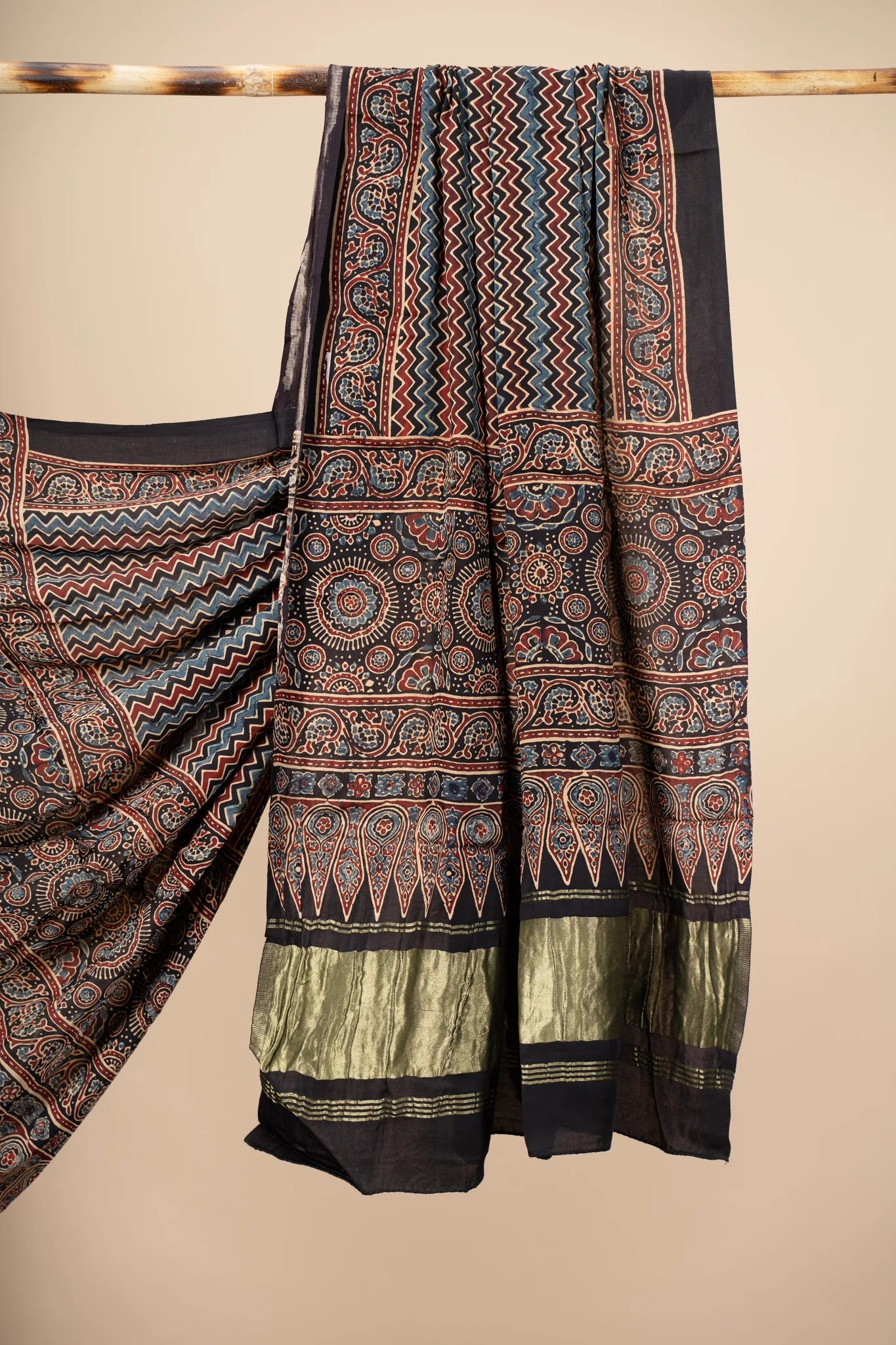 Black Ajrakh block Print Modal Silk Dupatta With Lagdi Patta - view 3