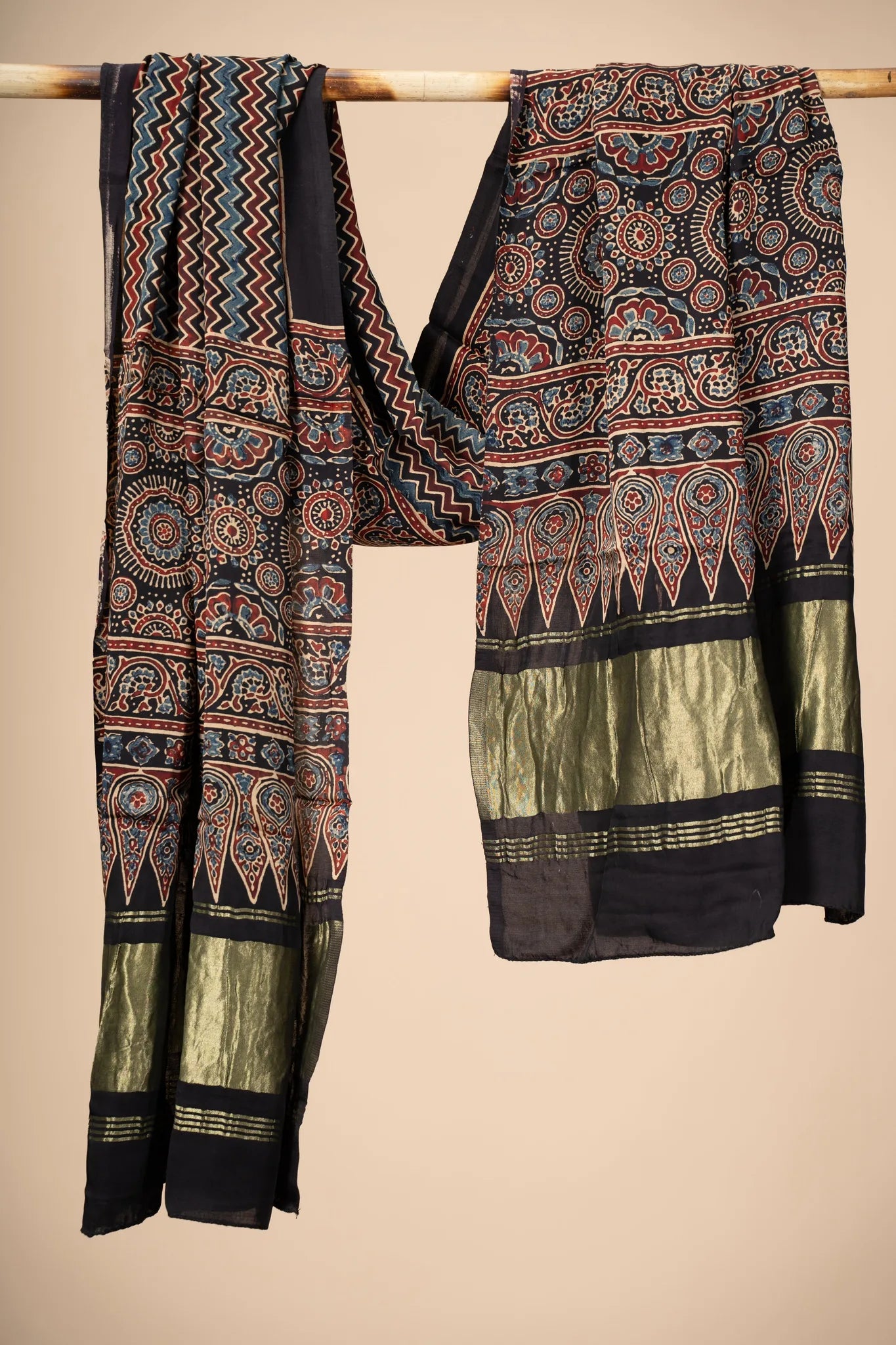 Black Ajrakh block Print Modal Silk Dupatta With Lagdi Patta