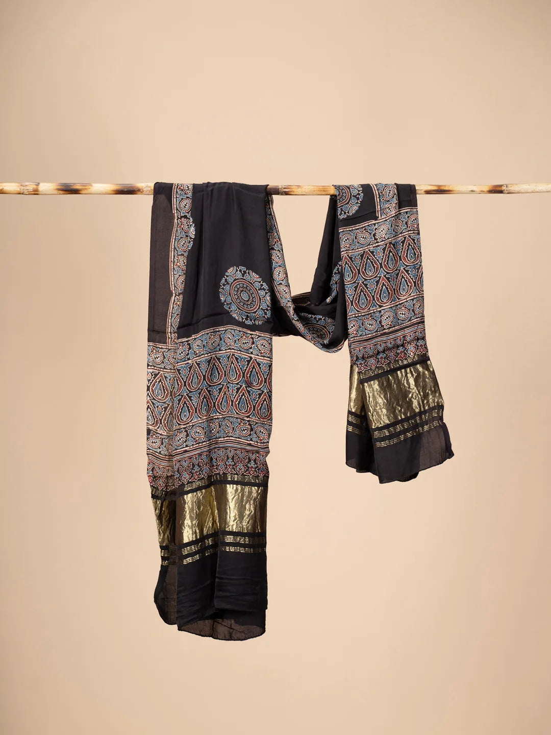Black Ajrakh block Print Modal Silk Dupatta With Lagdi Patta - view 2