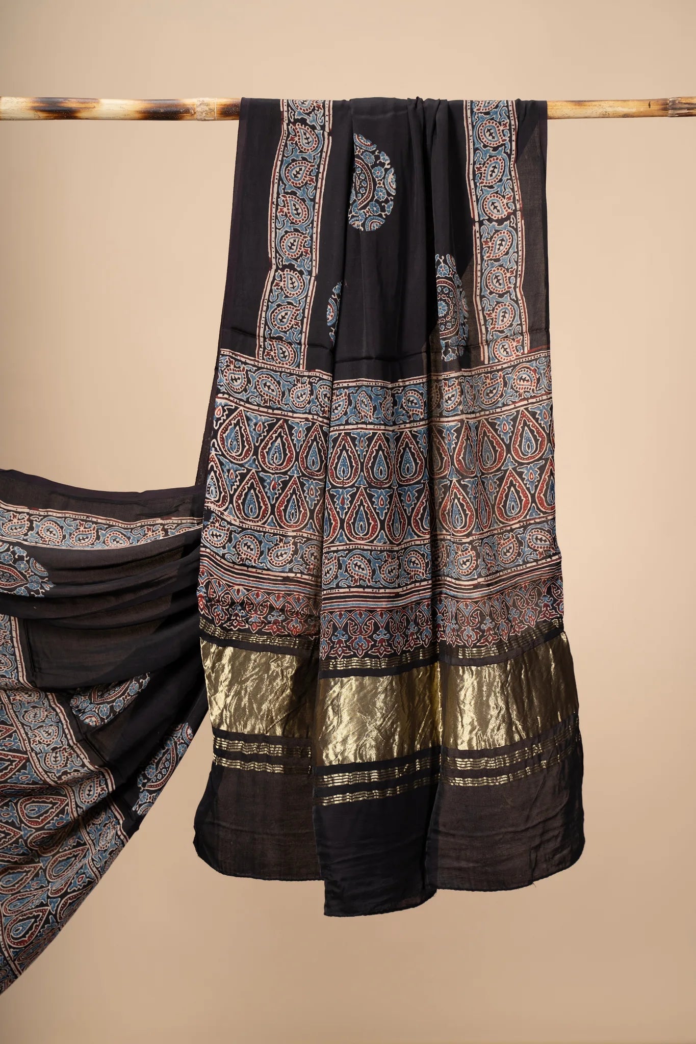 Black Ajrakh block Print Modal Silk Dupatta With Lagdi Patta - view 3