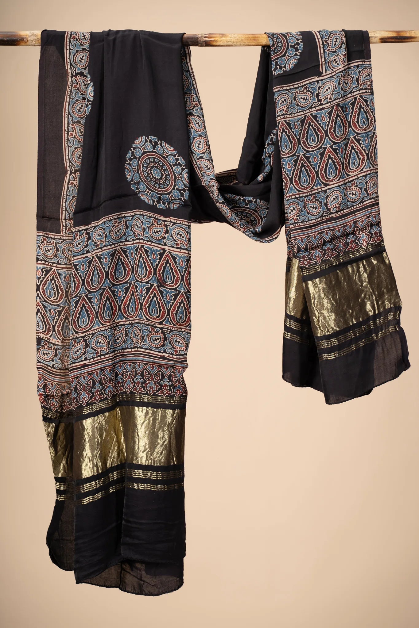 Black Ajrakh block Print Modal Silk Dupatta With Lagdi Patta
