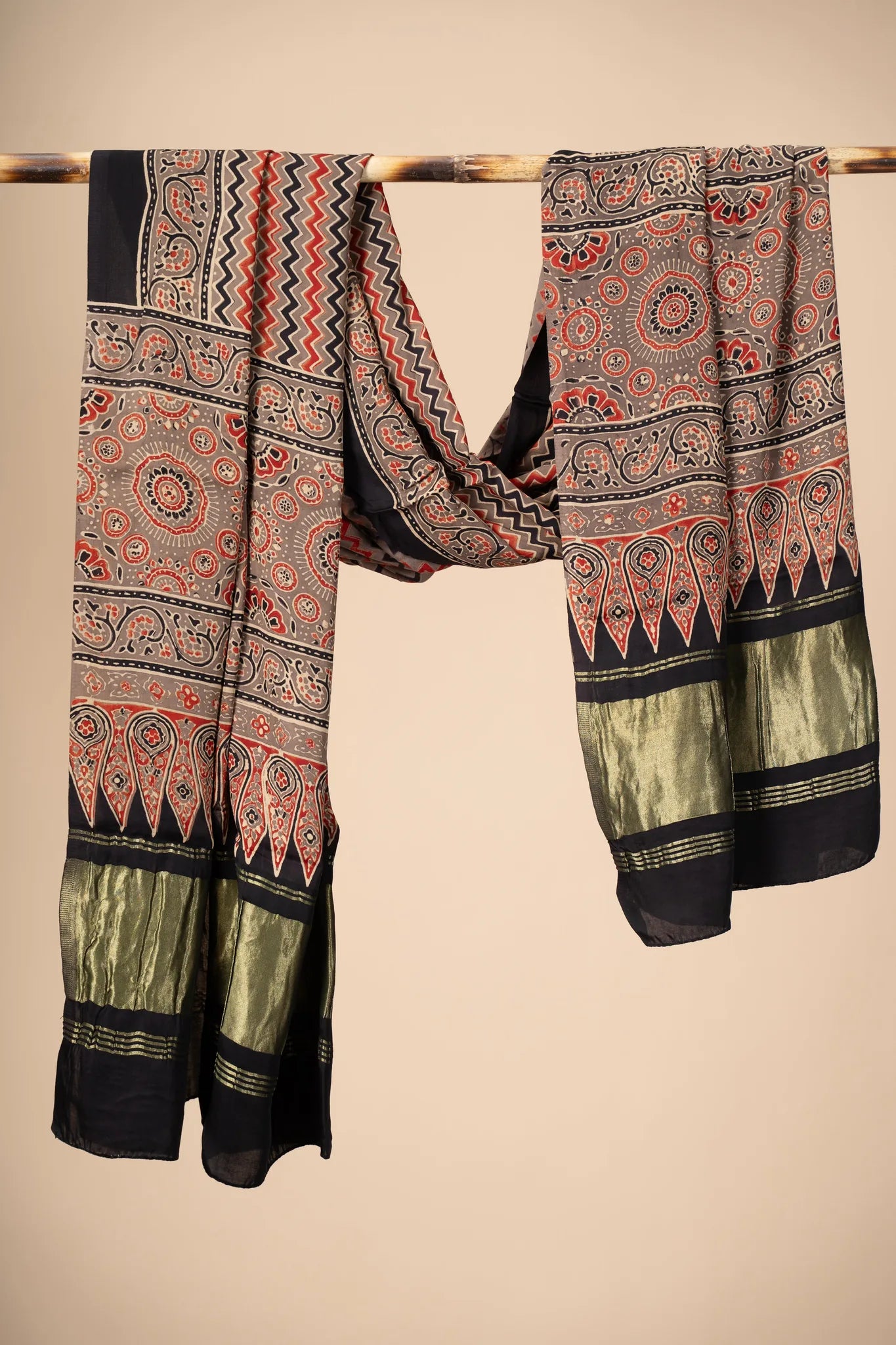 Rust Ajrakh block Print Modal Silk Dupatta With Lagdi Patta - view 2