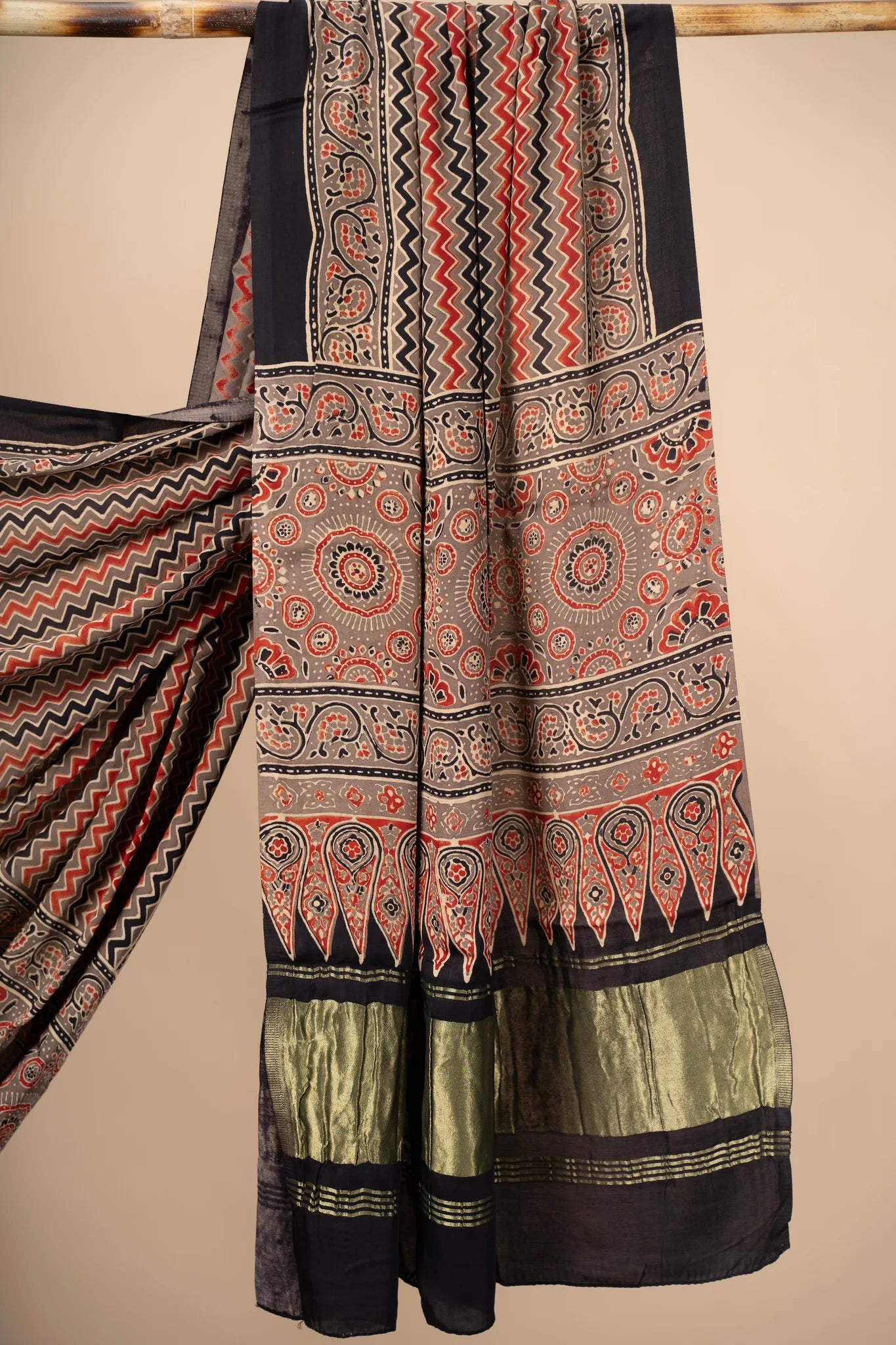 Rust Ajrakh block Print Modal Silk Dupatta With Lagdi Patta - view 3