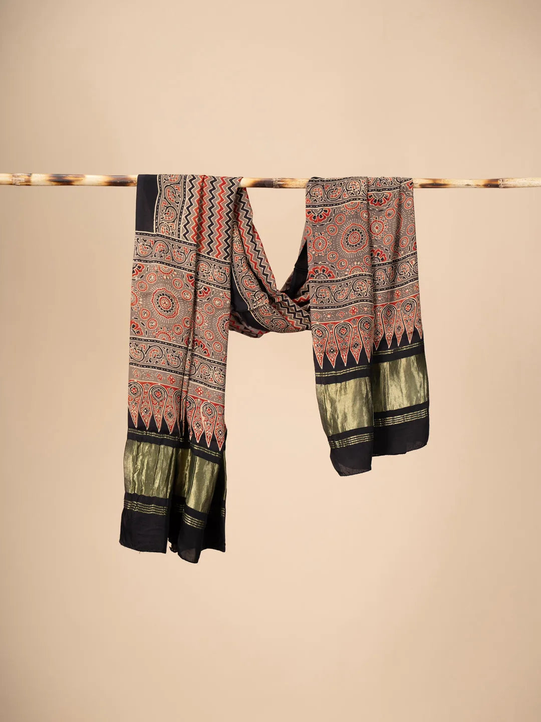Rust Ajrakh block Print Modal Silk Dupatta With Lagdi Patta