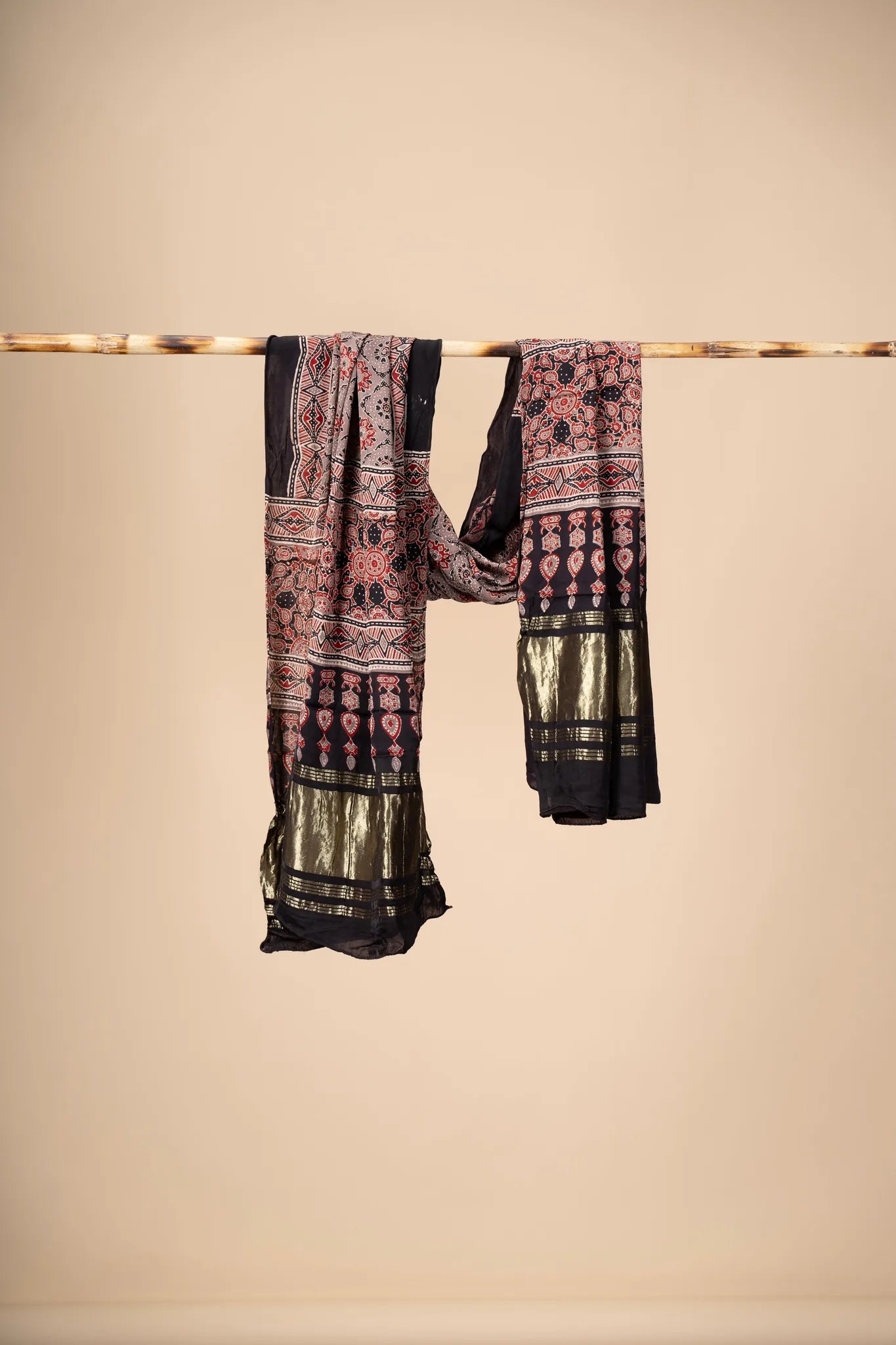 Red Ajrakh block Print Modal Silk Dupatta With Lagdi Patta - view 2