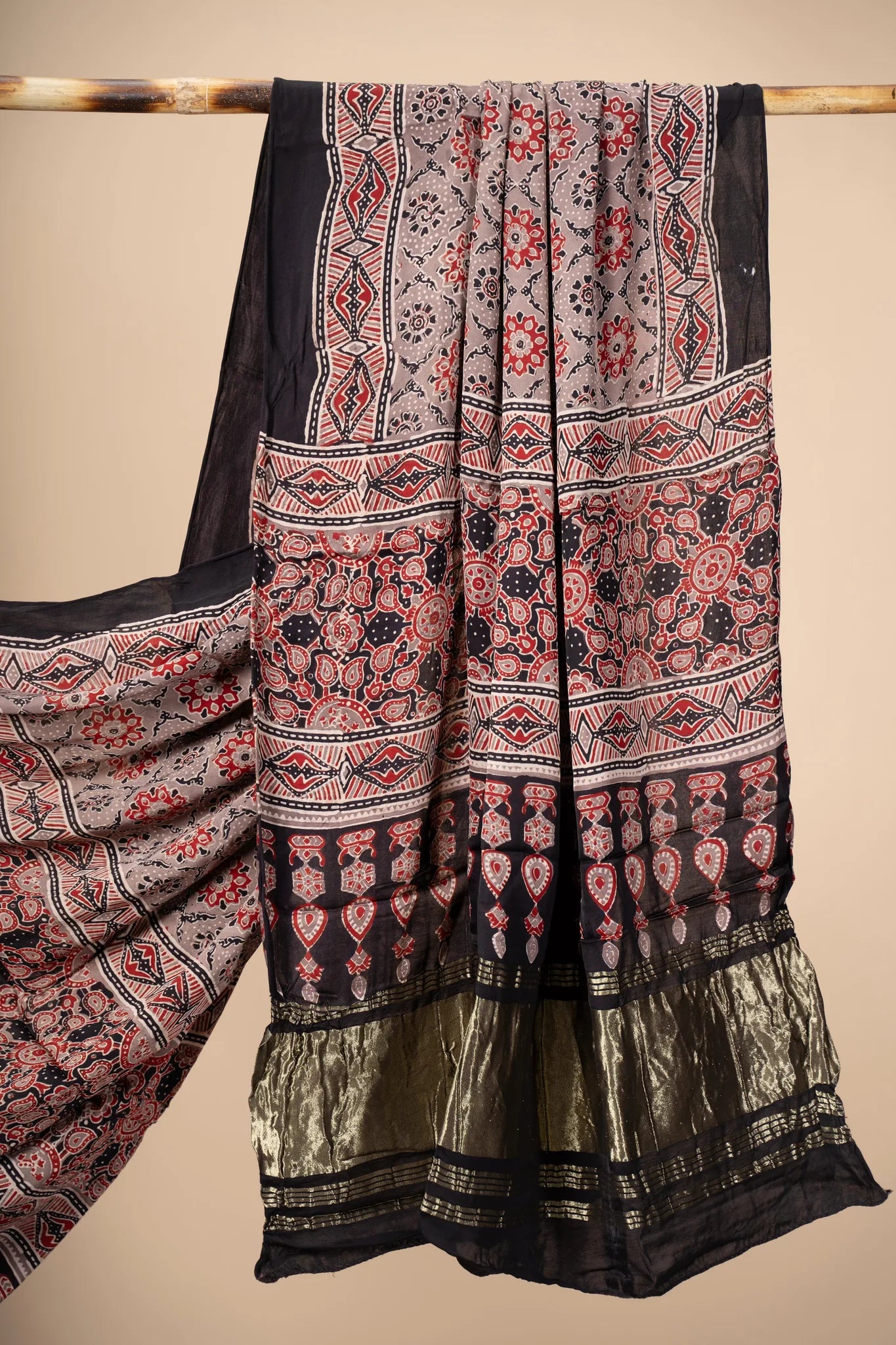 Red Ajrakh block Print Modal Silk Dupatta With Lagdi Patta - view 3