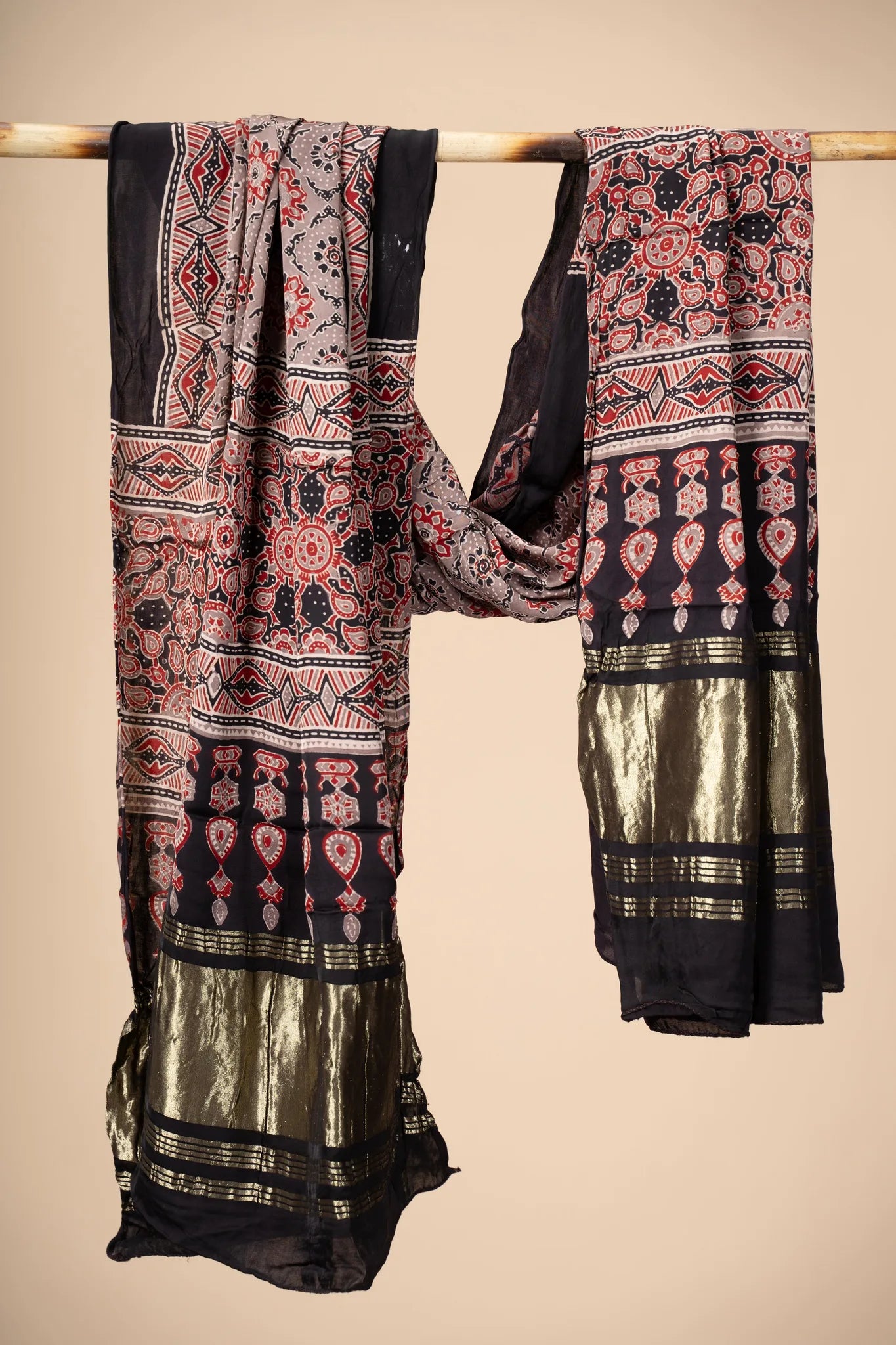 Red Ajrakh block Print Modal Silk Dupatta With Lagdi Patta
