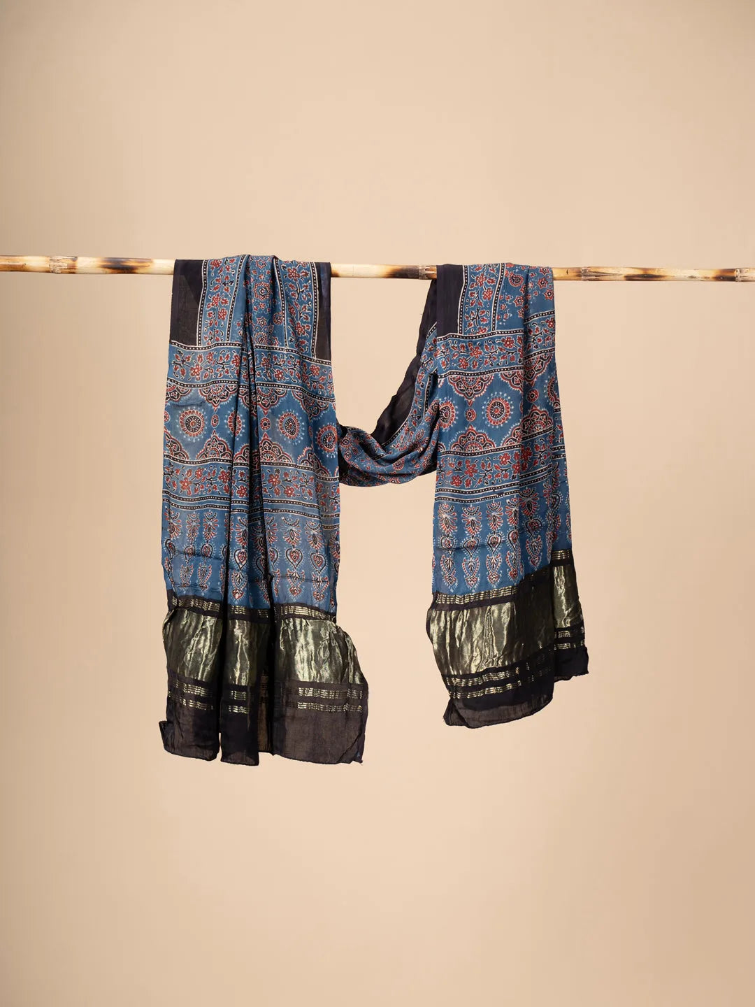 Blue Ajrakh block Print Modal Silk Dupatta With Lagdi Patta - view 2