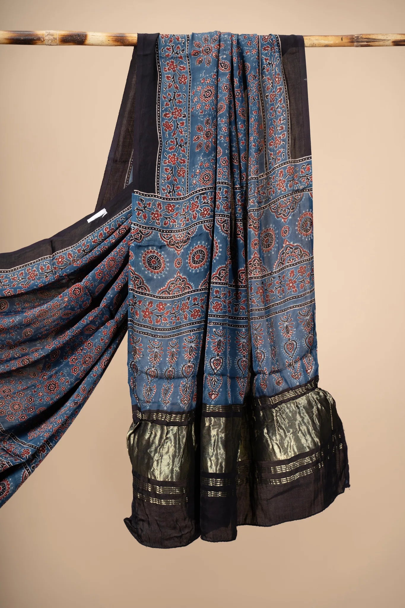 Blue Ajrakh block Print Modal Silk Dupatta With Lagdi Patta - view 3