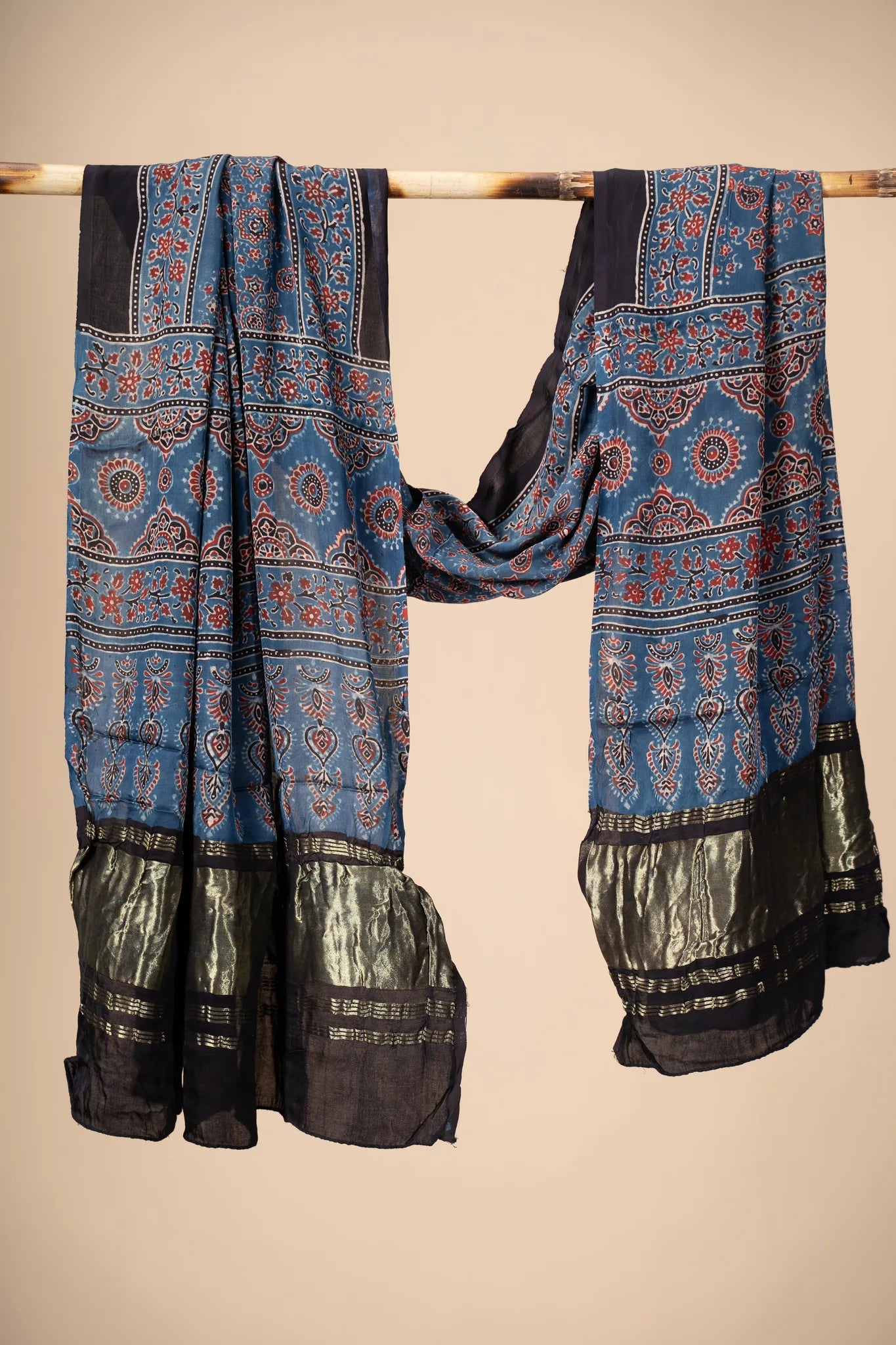 Blue Ajrakh block Print Modal Silk Dupatta With Lagdi Patta