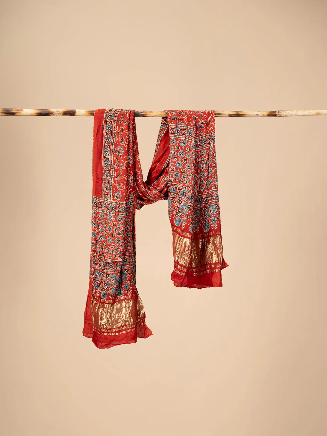 Orange Ajrakh block Print Modal Silk Dupatta With Lagdi Patta - view 2