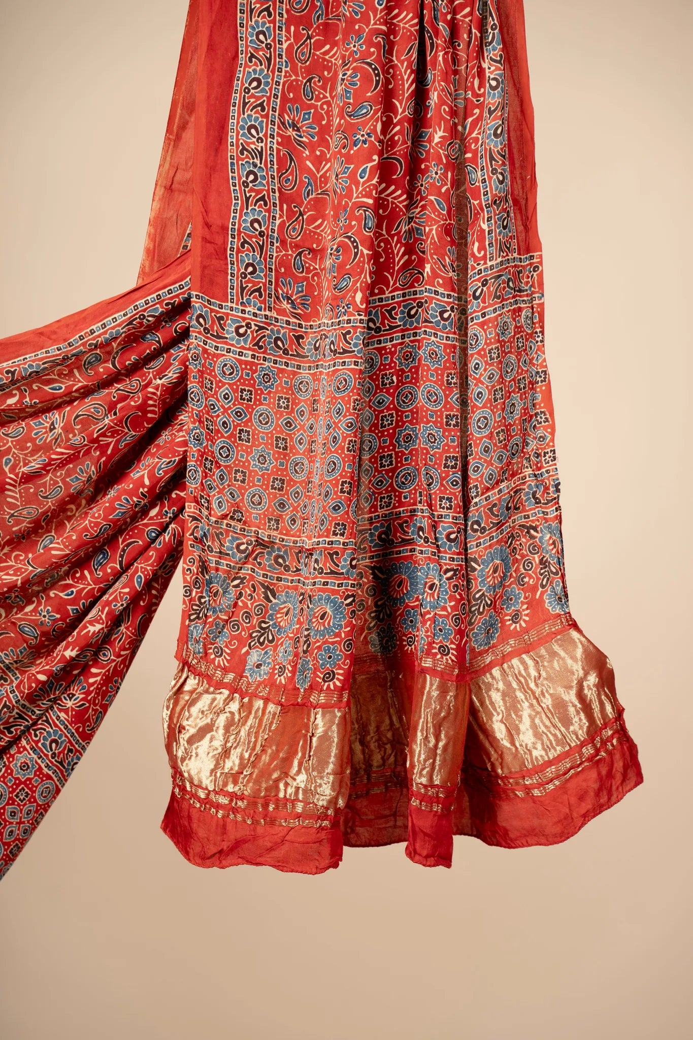 Orange Ajrakh block Print Modal Silk Dupatta With Lagdi Patta - view 3