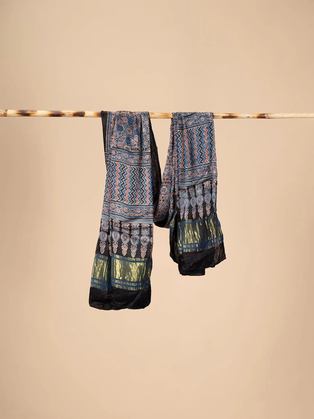 Blue Ajrakh block Print Modal Silk Dupatta With Lagdi Patta - view 2