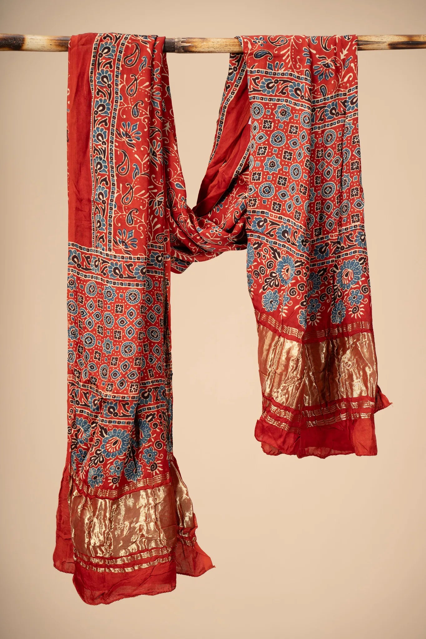 Orange Ajrakh block Print Modal Silk Dupatta With Lagdi Patta