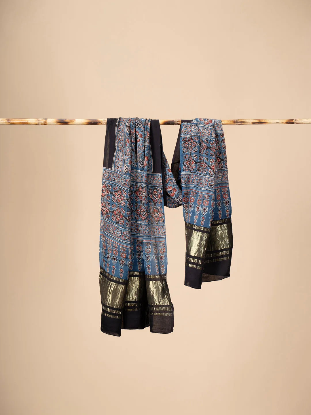 Blue and Red Ajrakh block Print Modal Silk Dupatta With Lagdi Patta - view 2