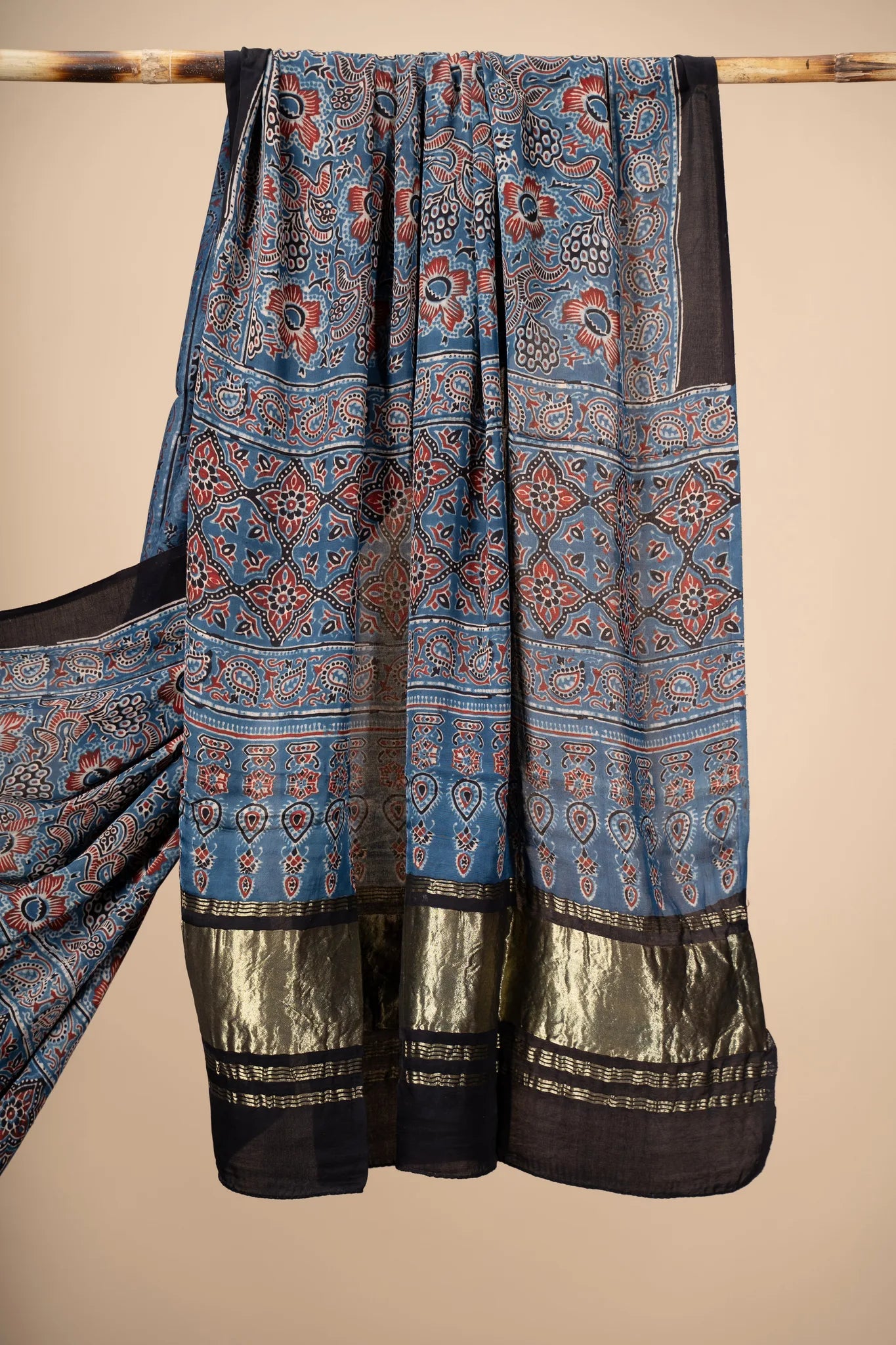 Blue and Red Ajrakh block Print Modal Silk Dupatta With Lagdi Patta - view 3