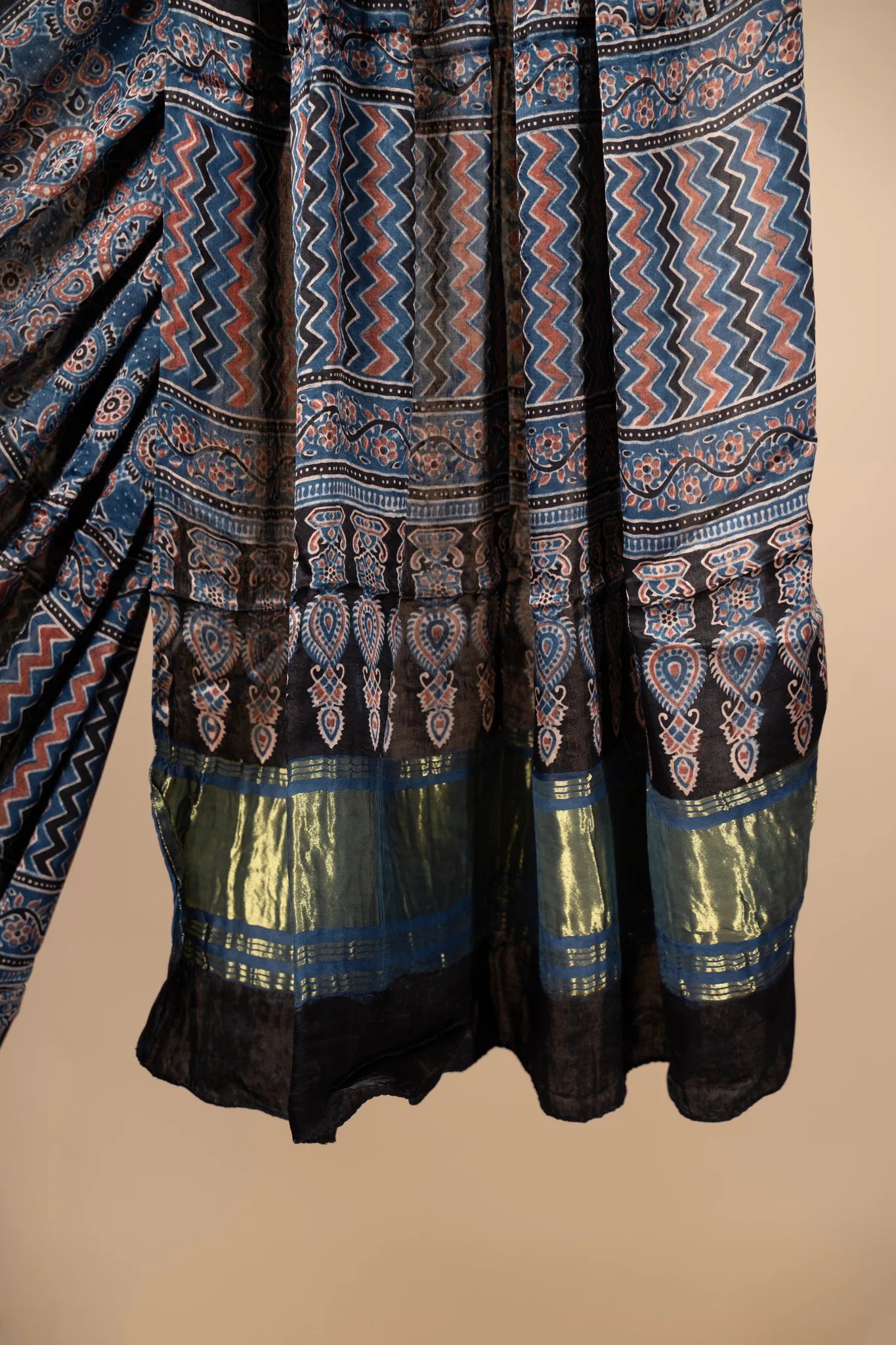 Blue Ajrakh block Print Modal Silk Dupatta With Lagdi Patta - view 3